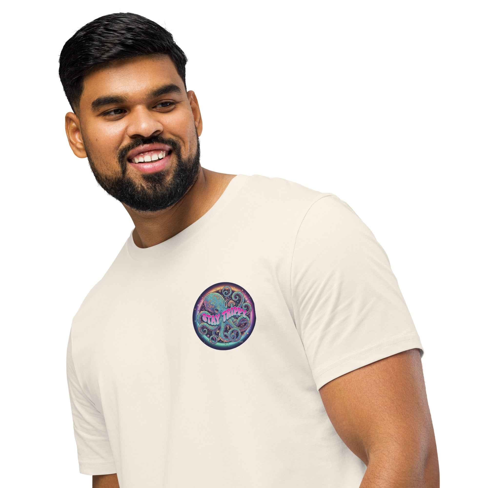 Leaky ts Stay Trippy #2 unisex organic mid-light vintage white t-shirt with front graphic design.