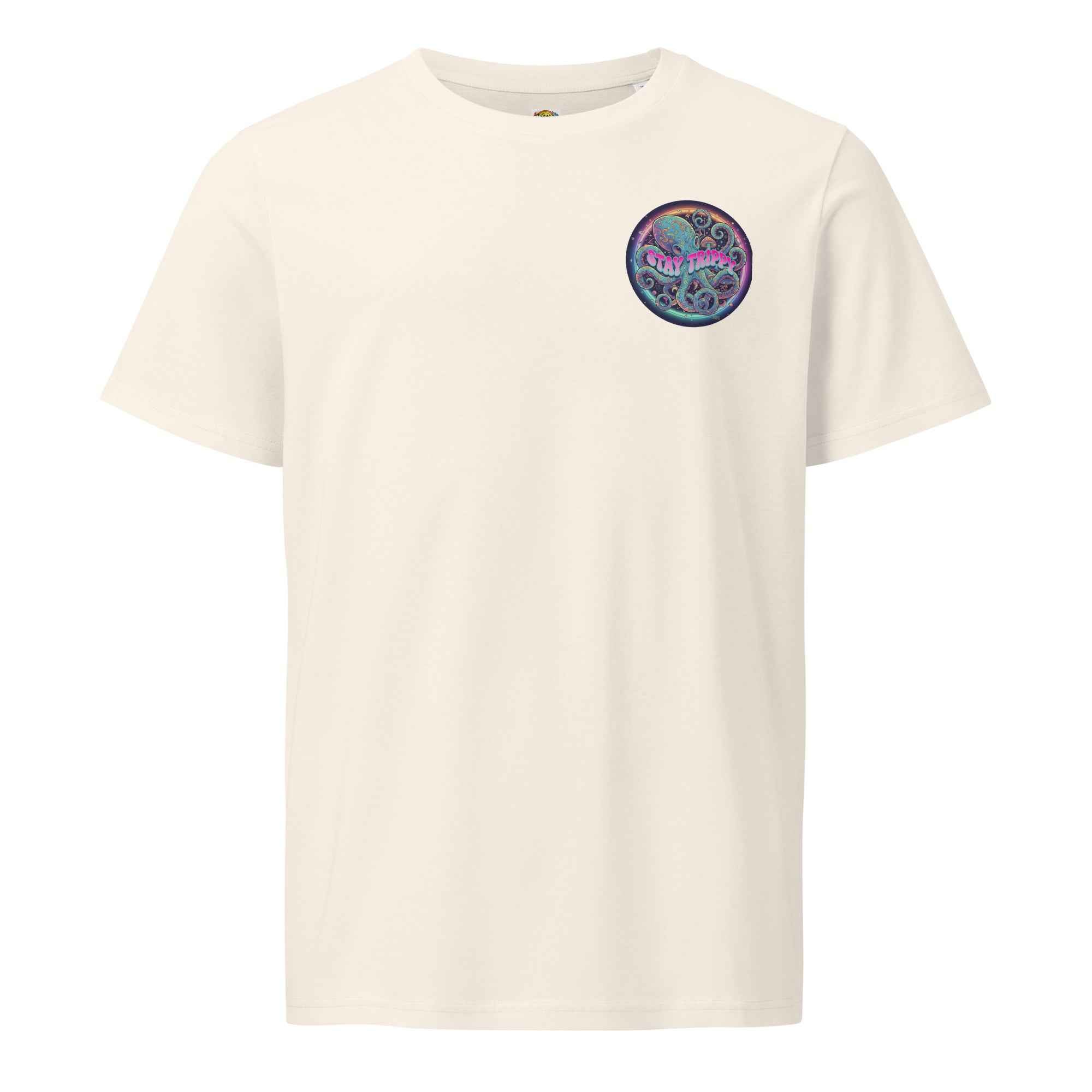 Unisex vintage white organic mid-light T-shirt with Stay Trippy #2 design by Leaky TS, front view showing graphic print.