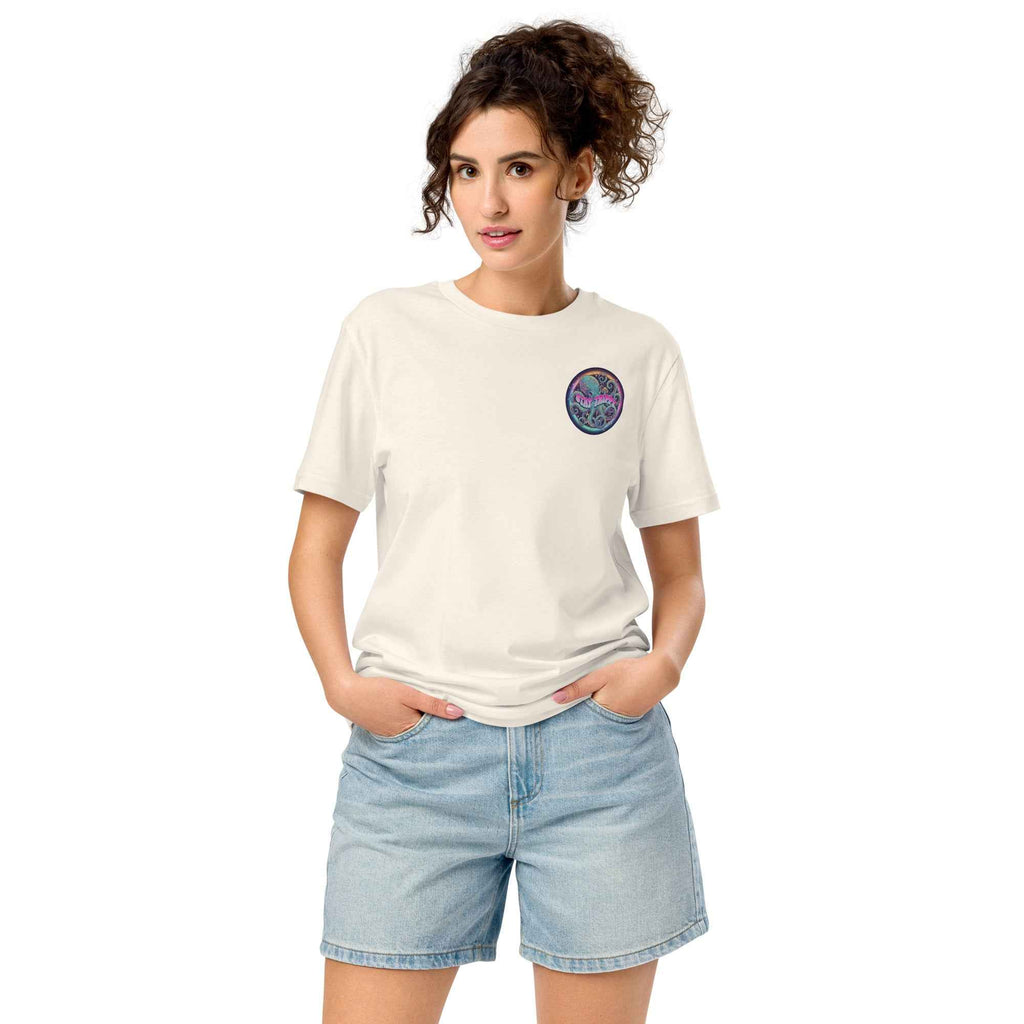 Unisex organic mid-light vintage white T-shirt with "Stay Trippy #2" graphic by Leaky TS, casual and eco-friendly fashion.