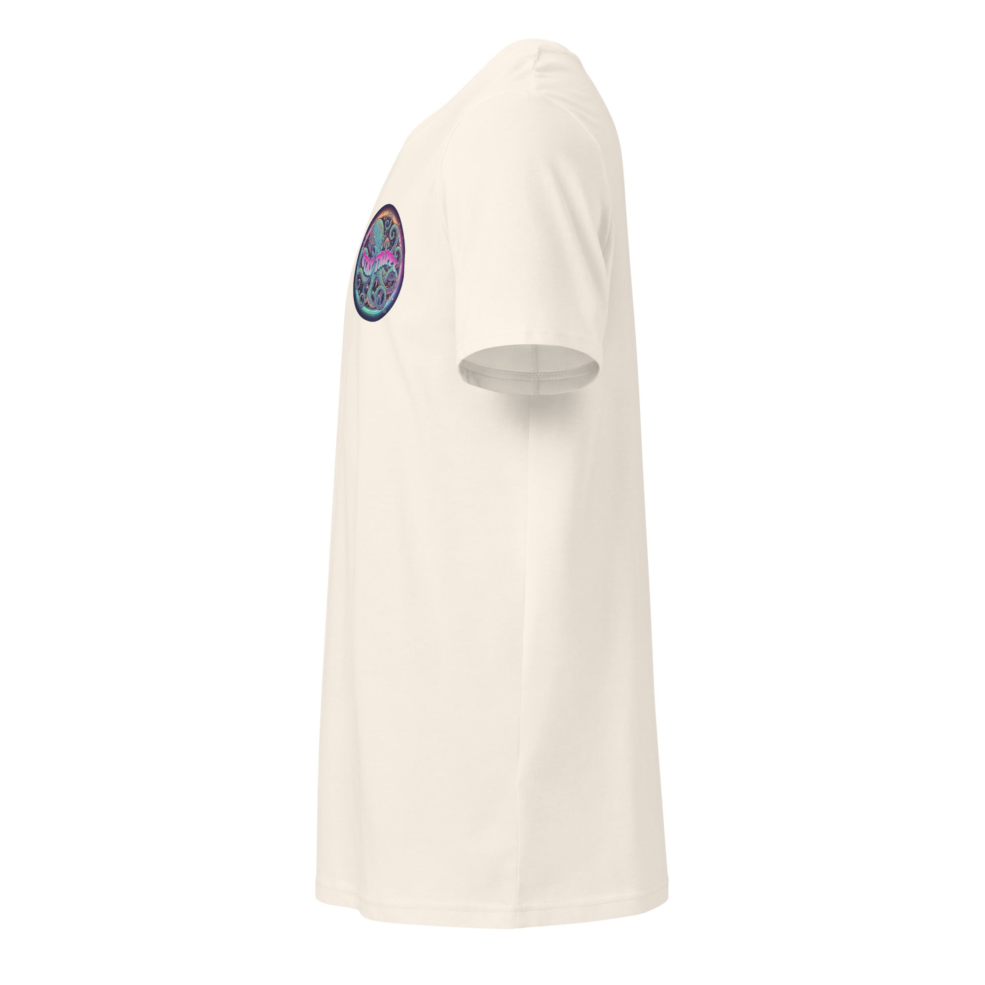 Unisex organic mid-light white t-shirt with vintage style and "Stay Trippy #2" graphic, by Leaky Ts.