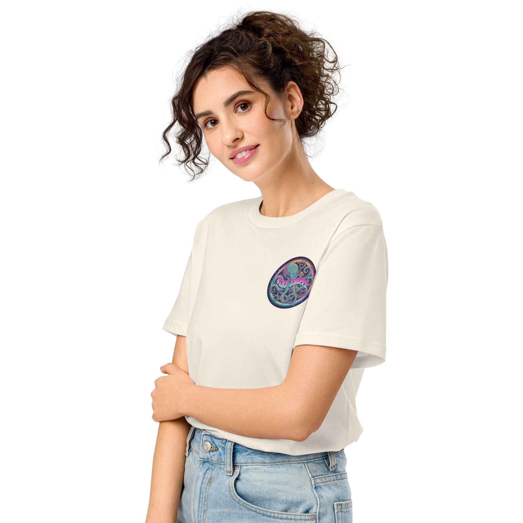 Unisex organic mid-light T-shirt in vintage white by Leaky Ts with "Stay Trippy #2" design, left front view.