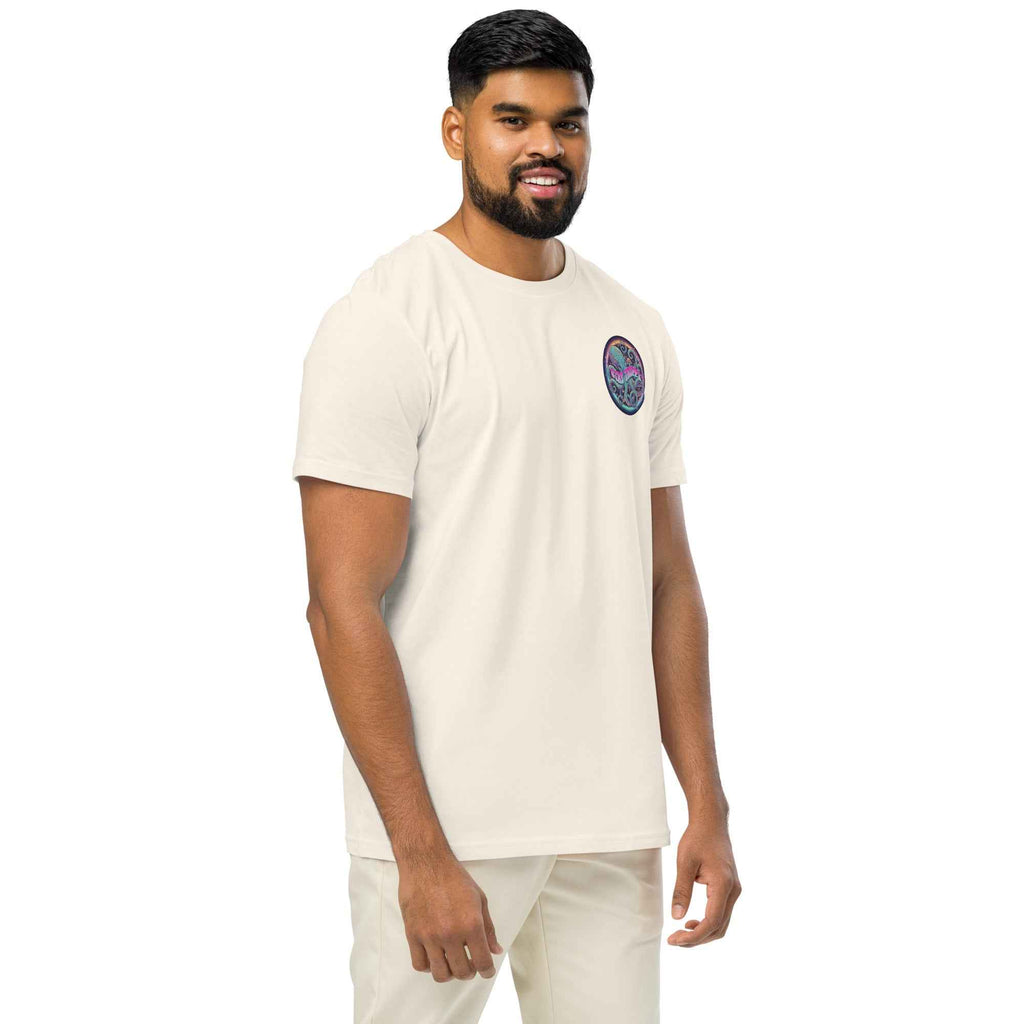 Leaky Ts Stay Trippy #2 unisex organic mid-light vintage white t-shirt shown from right front view.