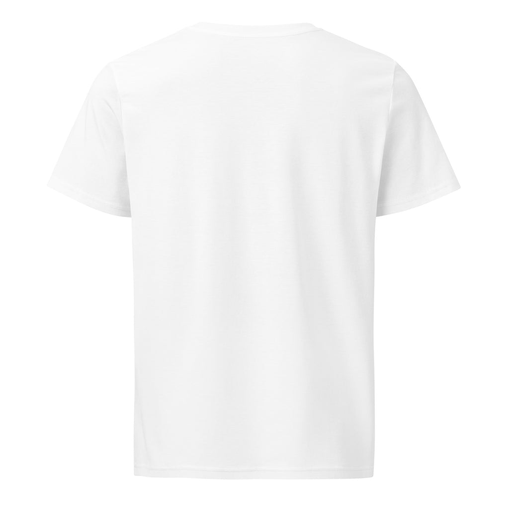 White unisex organic mid-light t-shirt featuring "Stay Trippy #2" design by Leaky TS, shown from the back.