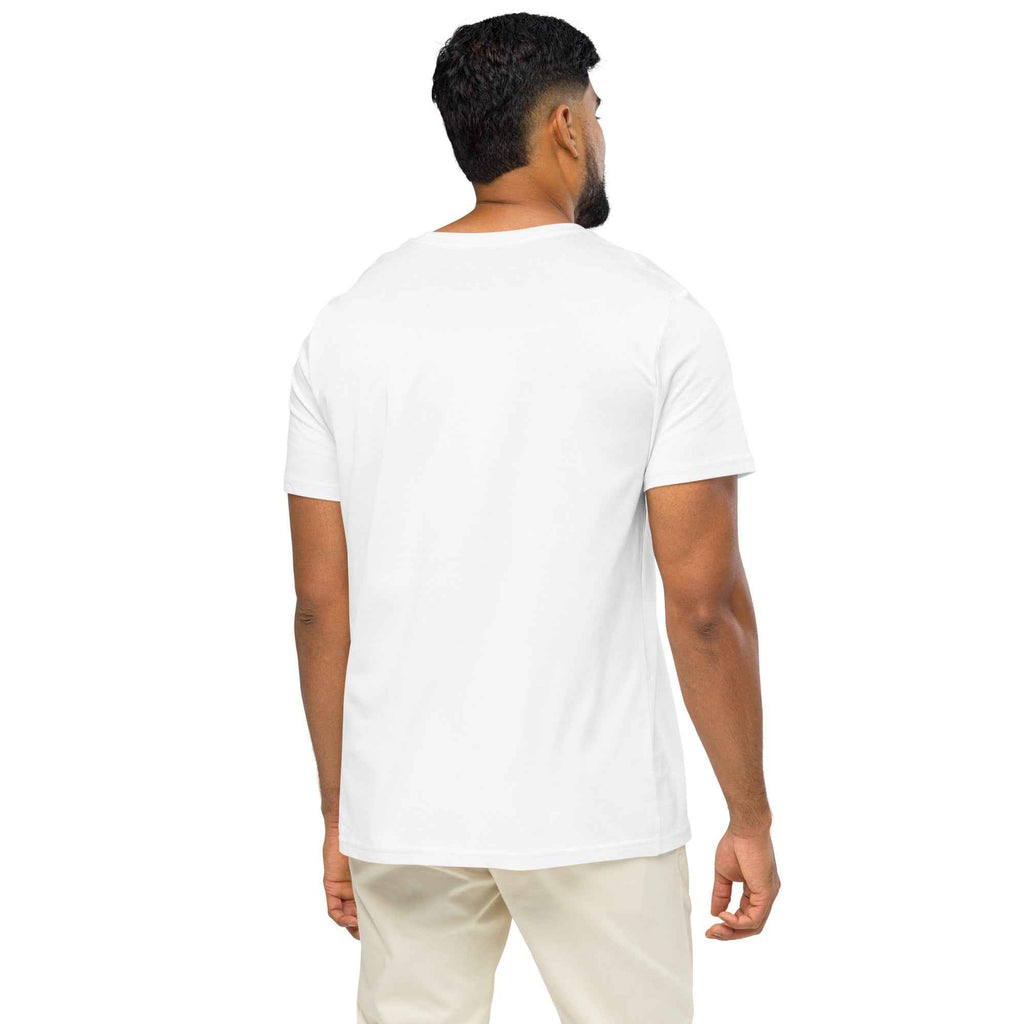 White unisex organic mid-light T-shirt from Leaky TS with "Stay Trippy #2" graphic on back. Comfortable casual wear.