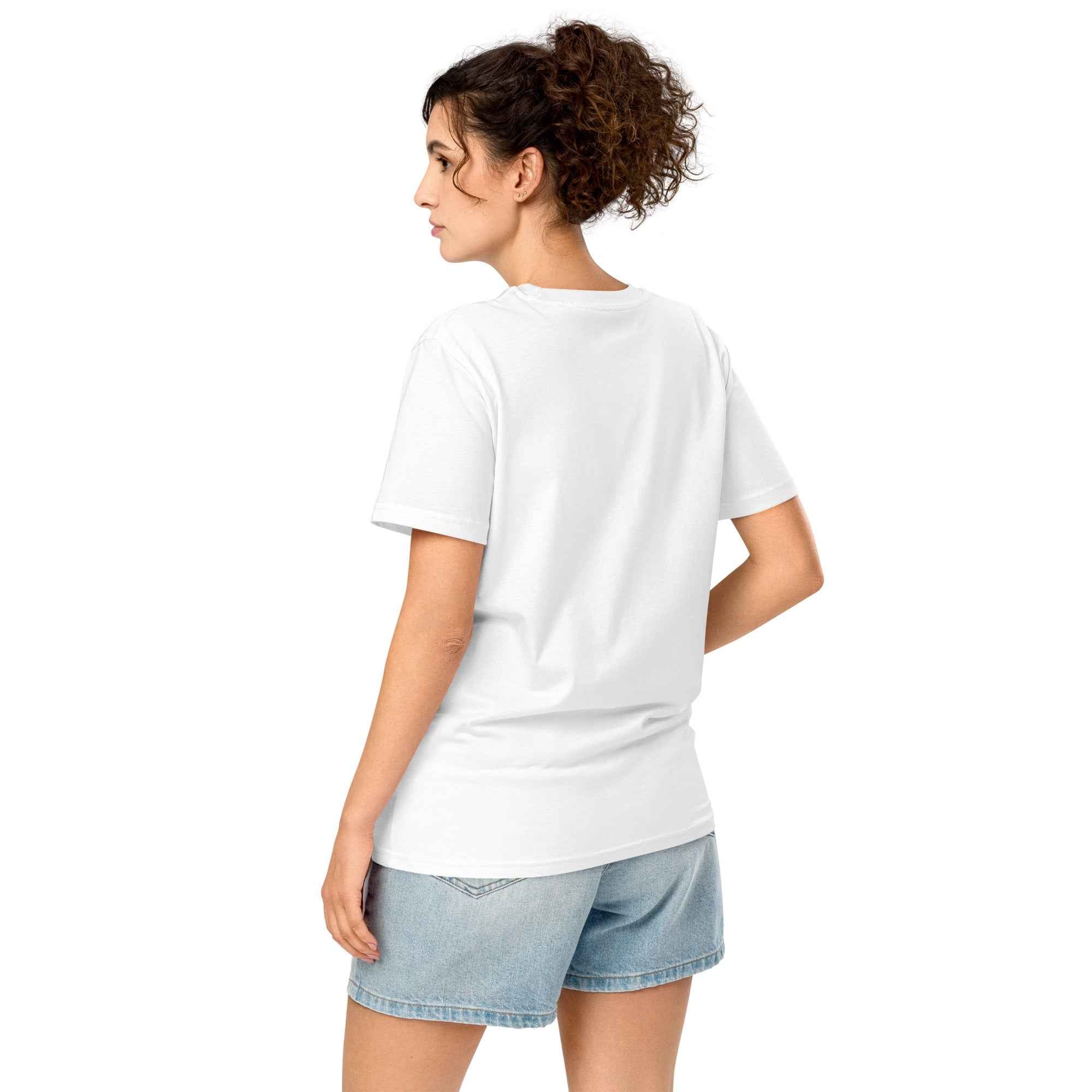 White Leaky Ts Stay Trippy #2 unisex organic mid-light T-shirt shown from the back.