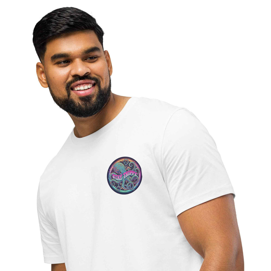 Unisex organic mid-light white T-shirt with "Stay Trippy #2" graphic by Leaky TS, front view.
