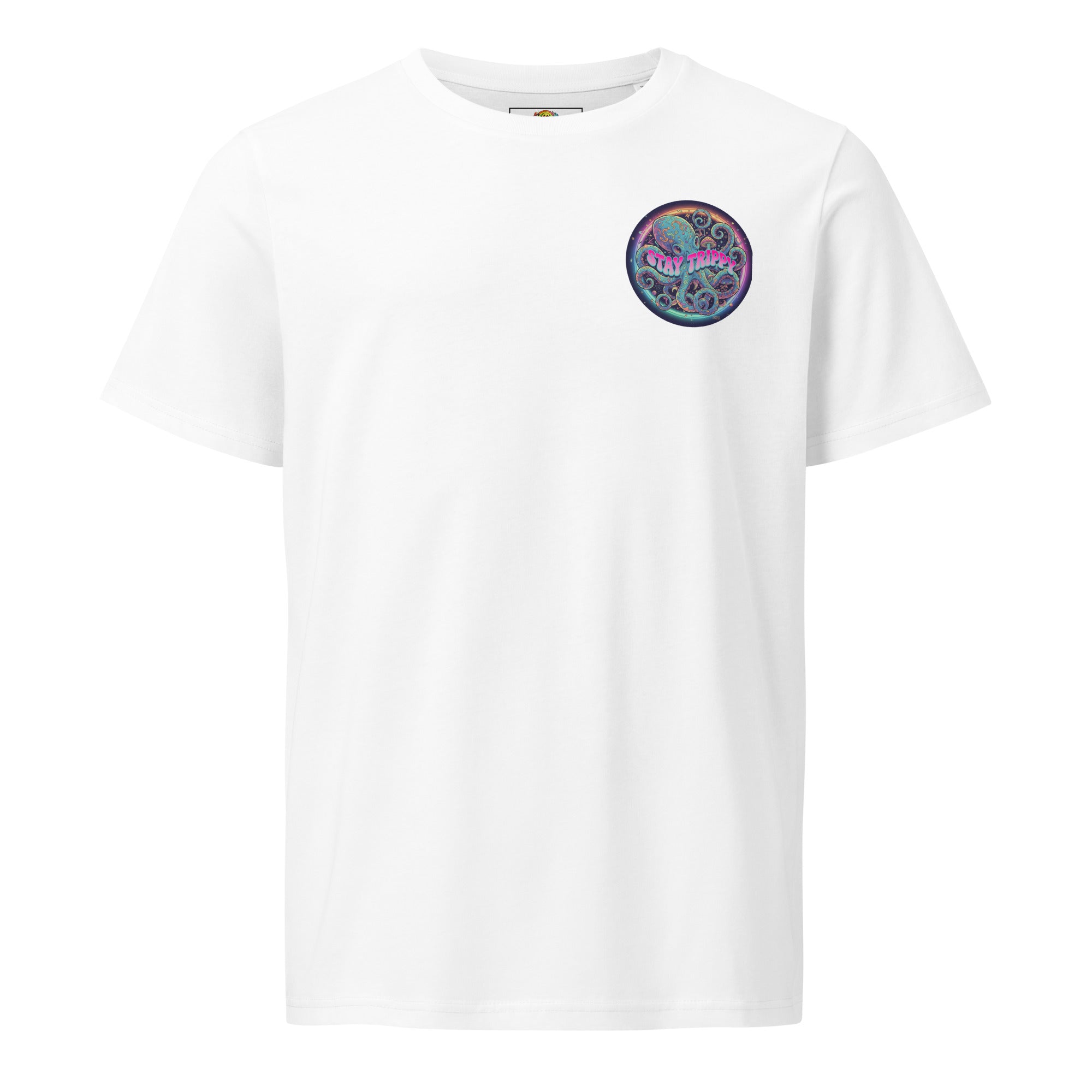 Unisex organic mid-light white t-shirt featuring Stay Trippy #2 design by Leaky TS, casual and eco-friendly clothing.