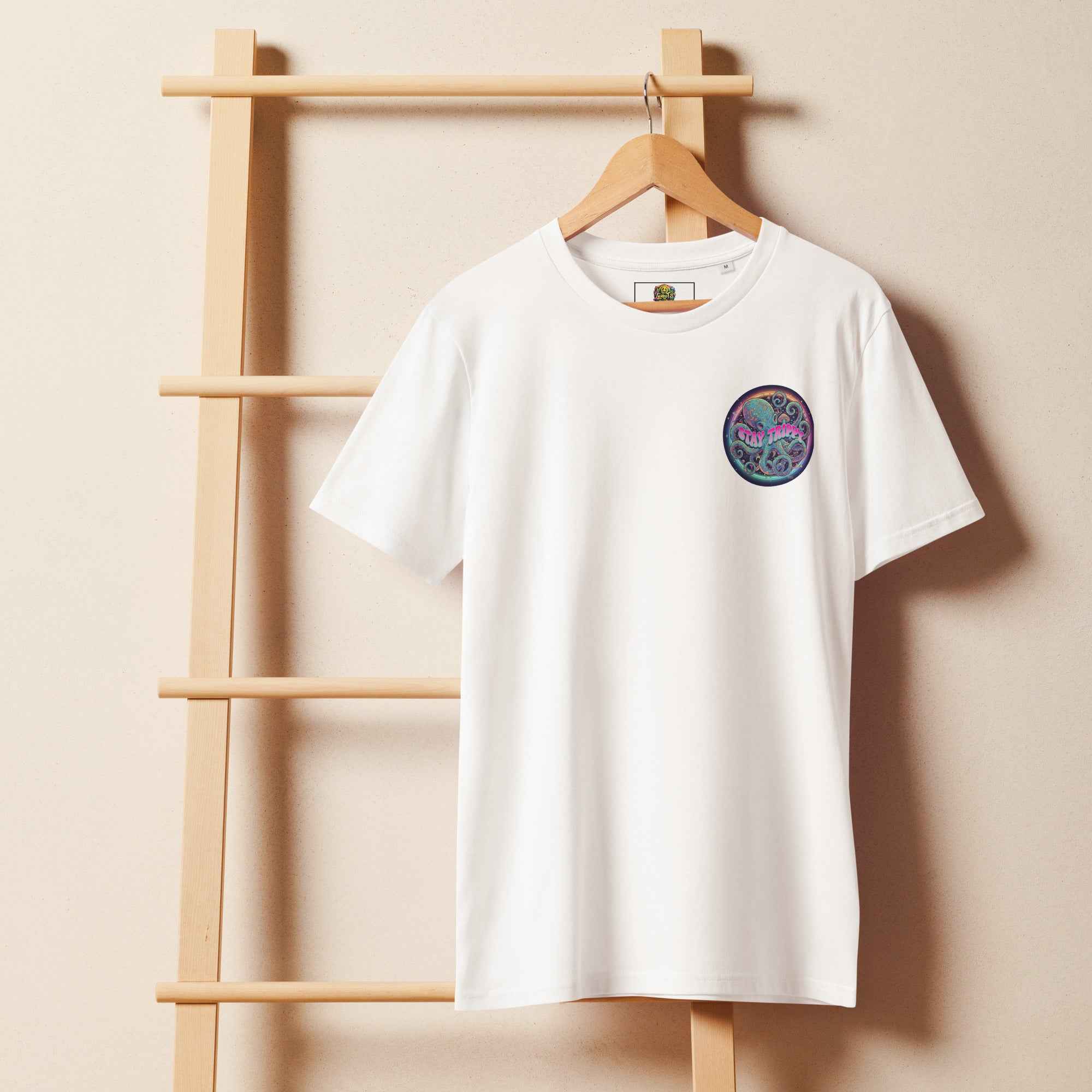 White unisex organic mid-light t-shirt from Leaky Ts with "Stay Trippy #2" graphic design on the front.
