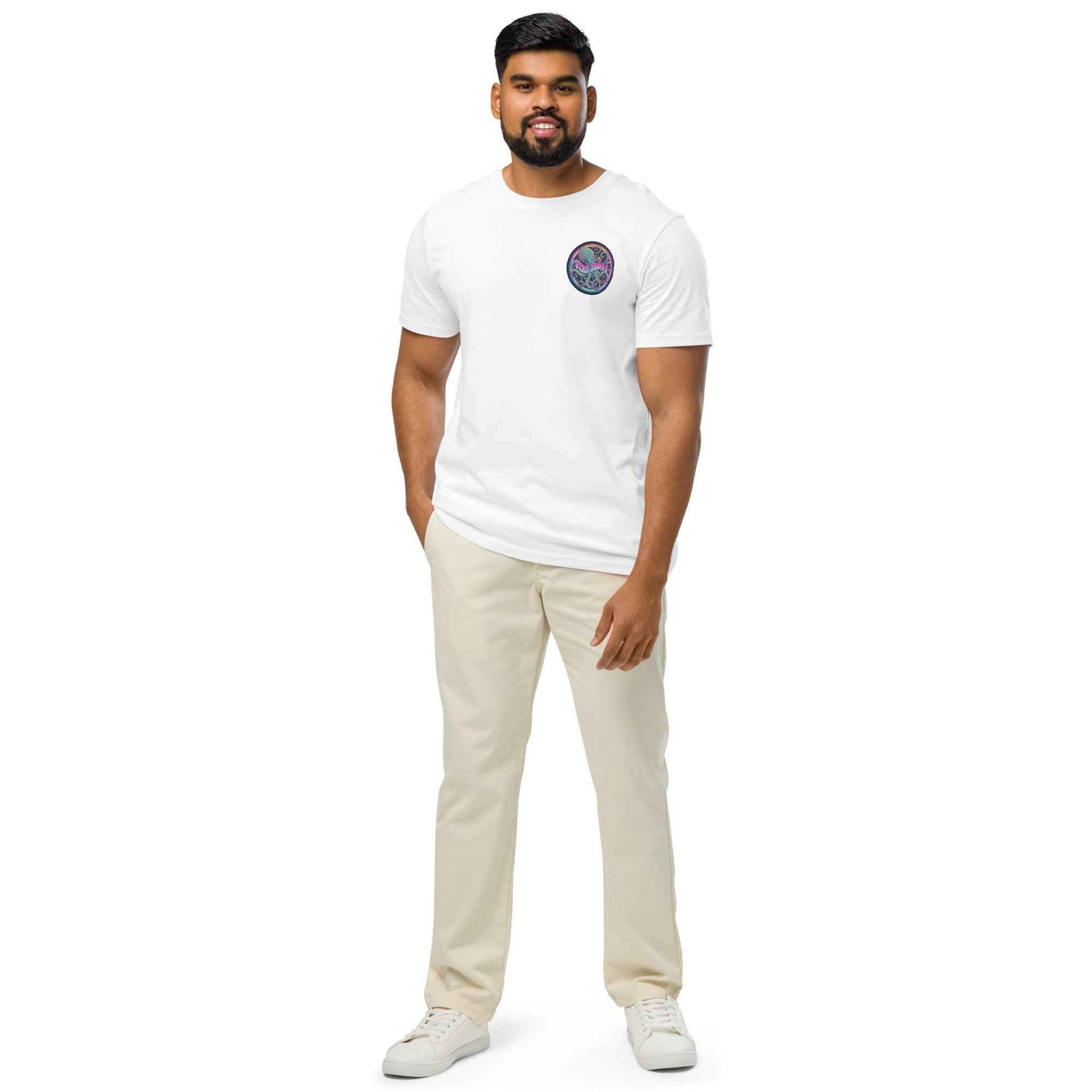 White unisex organic mid-light t-shirt with "Stay Trippy #2" graphic by Leaky Ts, front view.