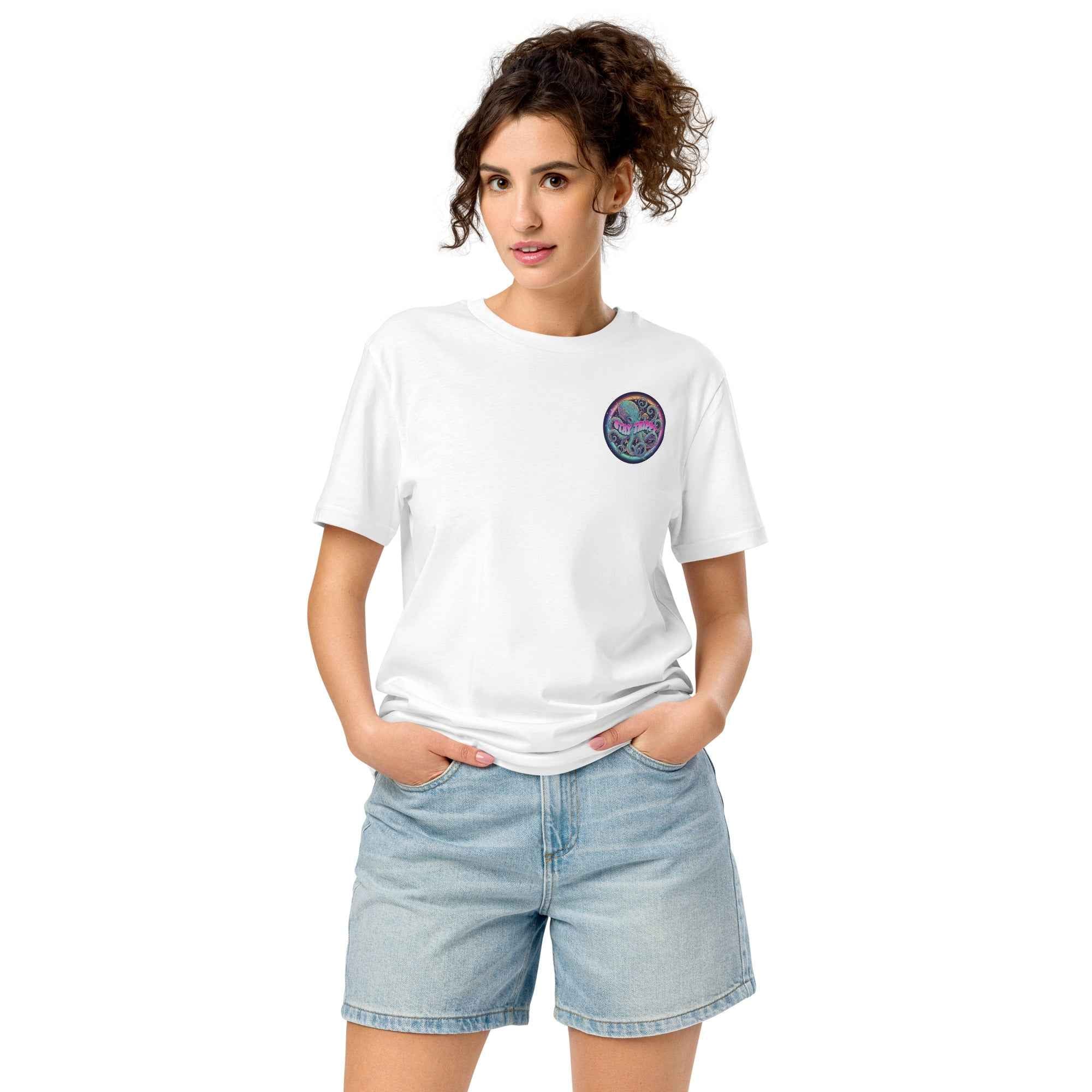 White unisex organic mid-light t-shirt featuring the Stay Trippy #2 design by Leaky Ts, shown from the front.