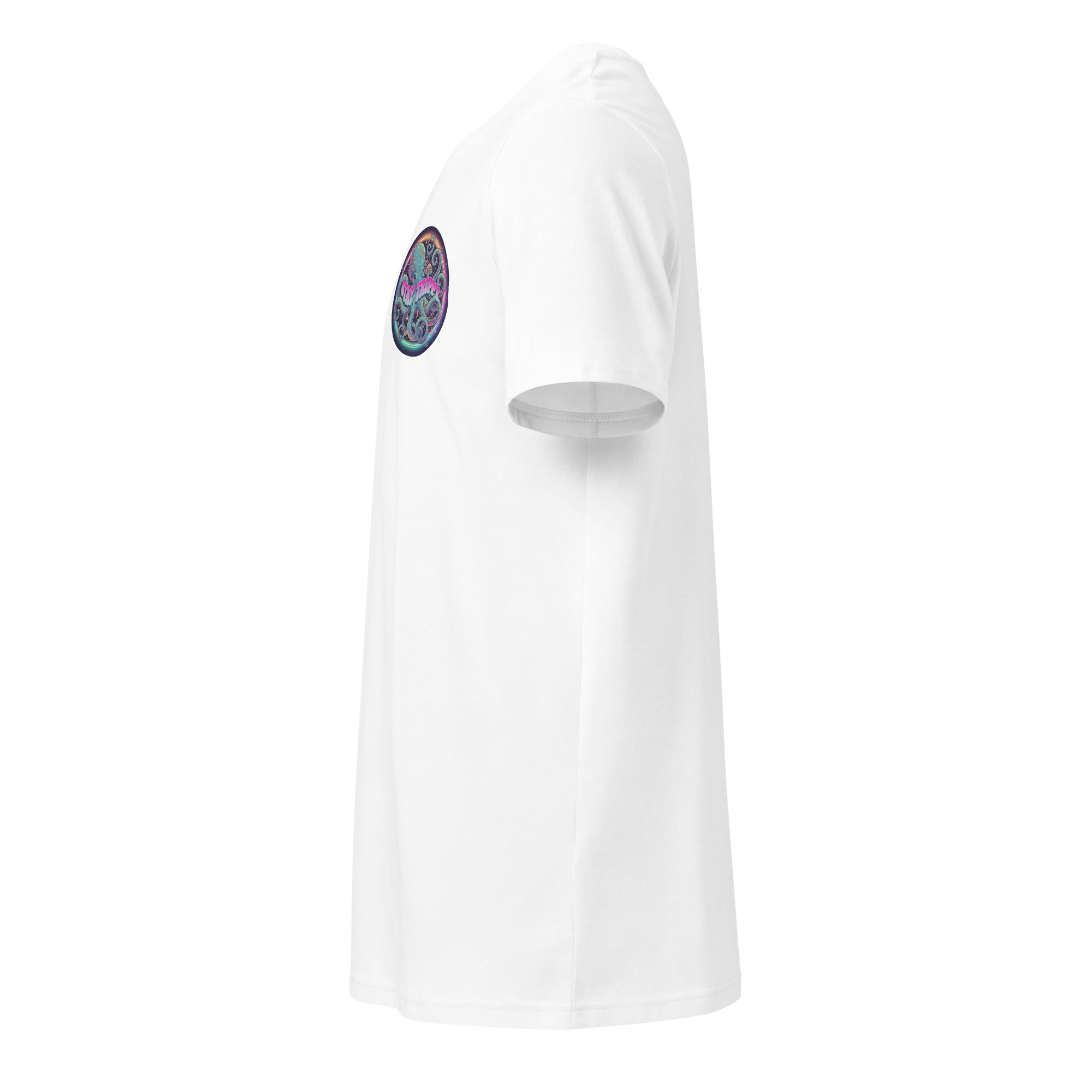 Unisex organic mid-light white T-shirt from Leaky ts with "Stay Trippy #2" graphic print on the front.