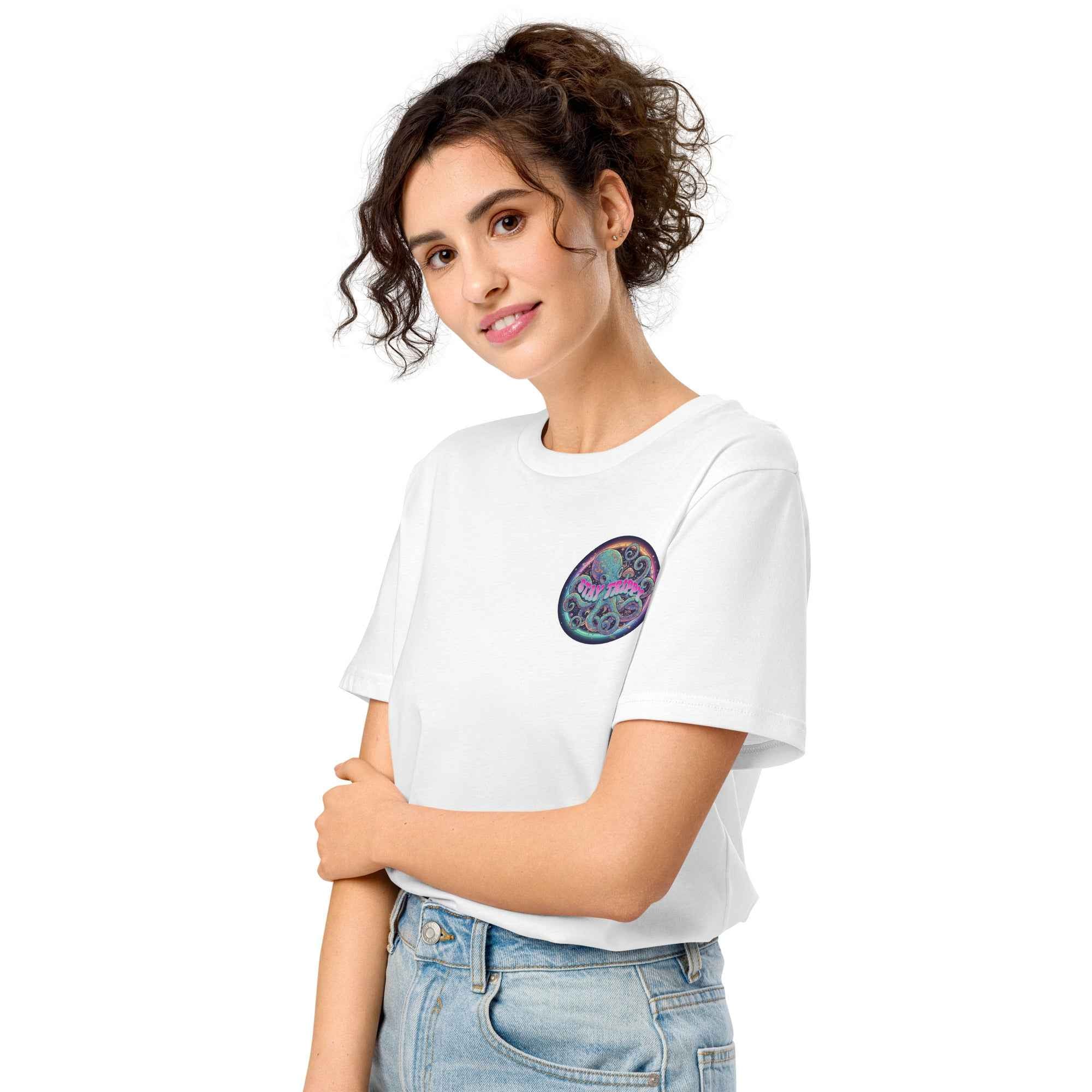 White unisex organic mid-light T-shirt from Leaky TS with "Stay Trippy #2" design, shown from the left front angle.