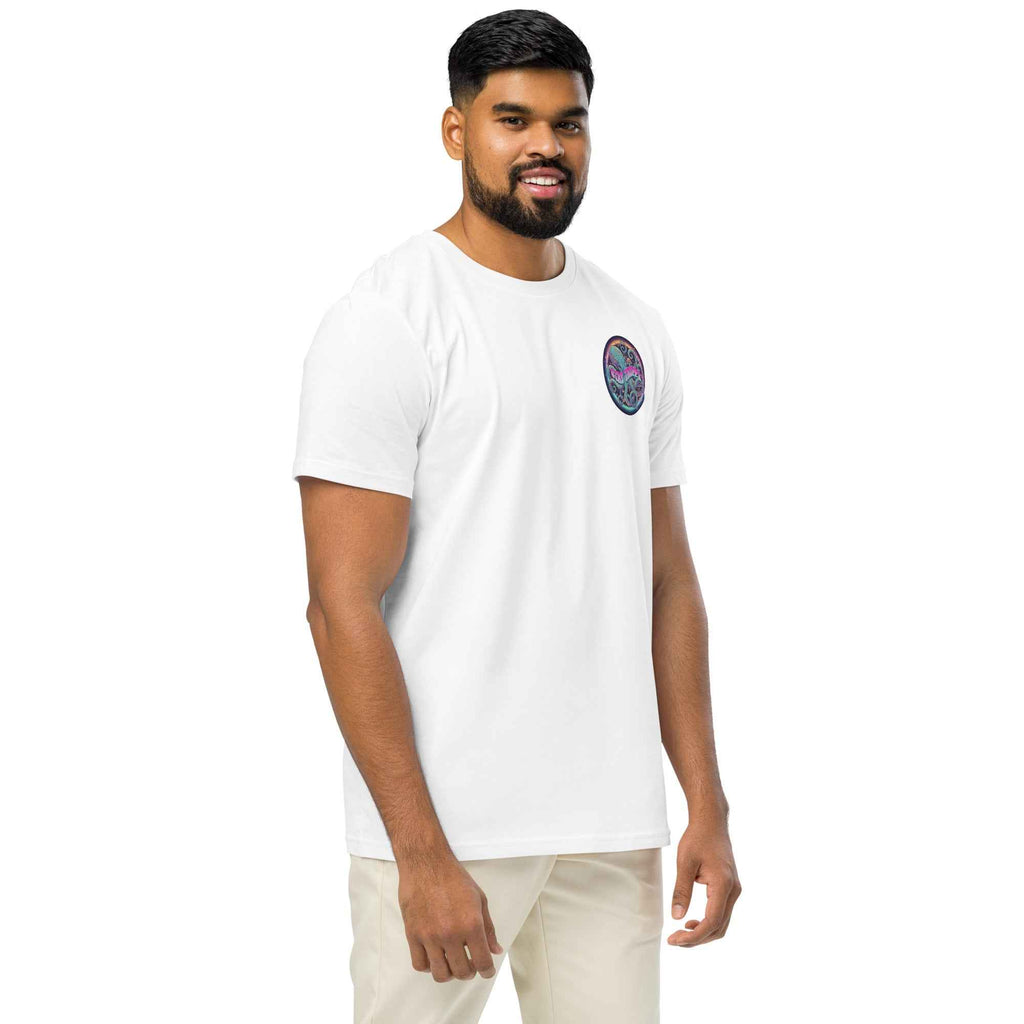 White unisex organic mid-light t-shirt by Leaky Ts with "Stay Trippy #2" graphic on the right front side.