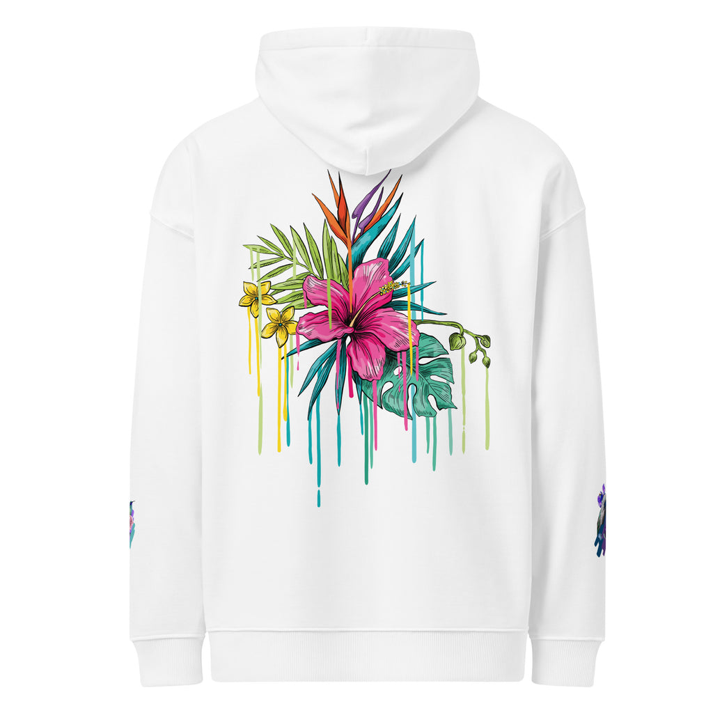 Leaky ts Eco-Leak hoodie in white, unisex relaxed fit, showcasing soft organic fabric and back design for a comfortable, casual look.