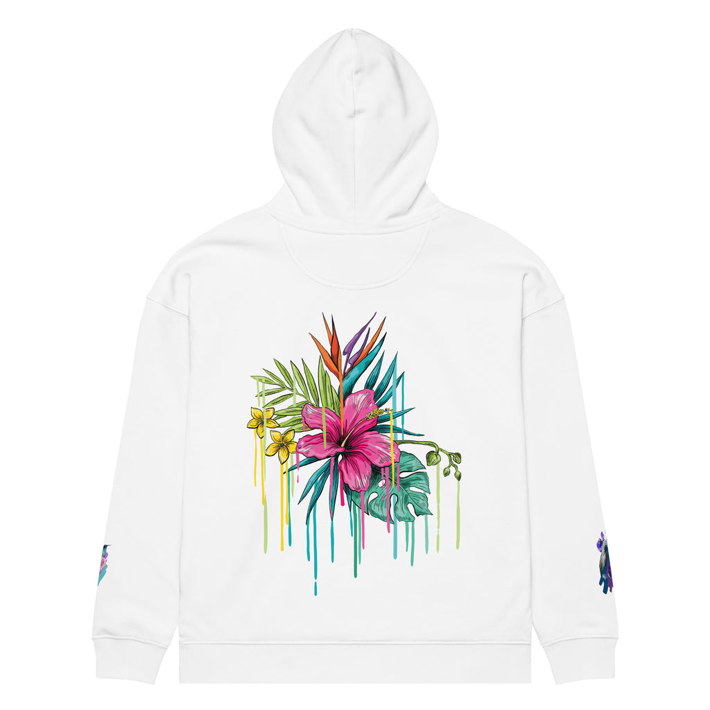 Unisex Eco-Leak Hoodie by Leaky ts in white, relaxed fit, soft organic fabric, shown from the back.