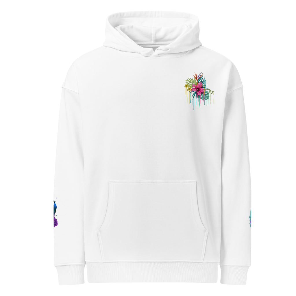 Leaky ts Eco-Leak hoodie in white, unisex relaxed fit, organically soft and comfortable, perfect for casual wear.