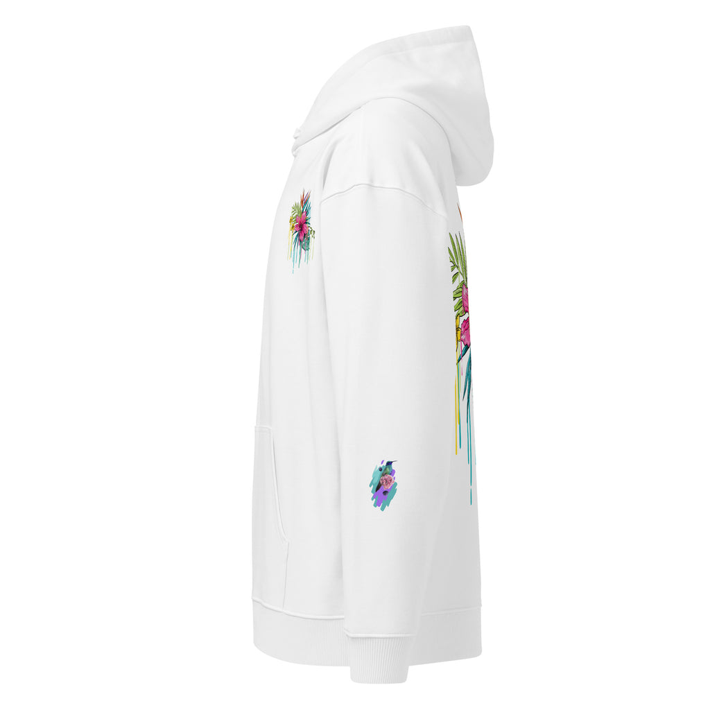 Leaky ts Eco-Leak Hoodie, unisex organic relaxed fit in white, showing soft fabric and comfortable casual style.