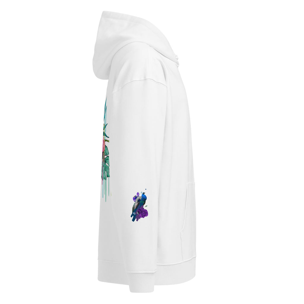 Unisex white Eco-Leak Hoodie by Leaky ts, relaxed fit, made from organic fabric, showcasing soft, comfortable casual wear.