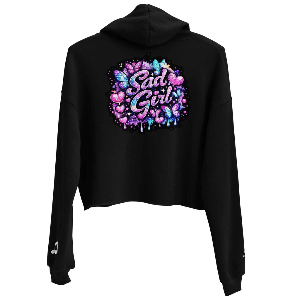 Black Sadgirl X Cosmic Pug crop hoodie for women, featuring a back view with cosmic pug graphic by Leaky TS.