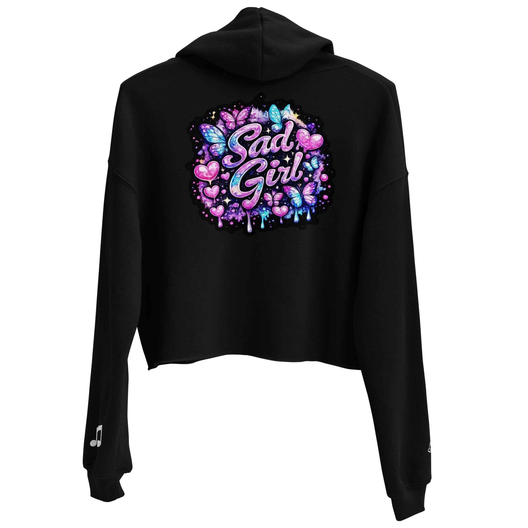 Black Sadgirl X Cosmic Pug crop hoodie for women, featuring a back view with cosmic pug graphic by Leaky TS.