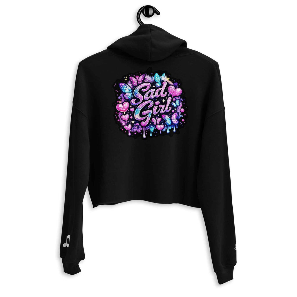 Black Sadgirl X Cosmic Pug crop hoodie for women by Leaky Ts, showing the back with cosmic pug graphic design
