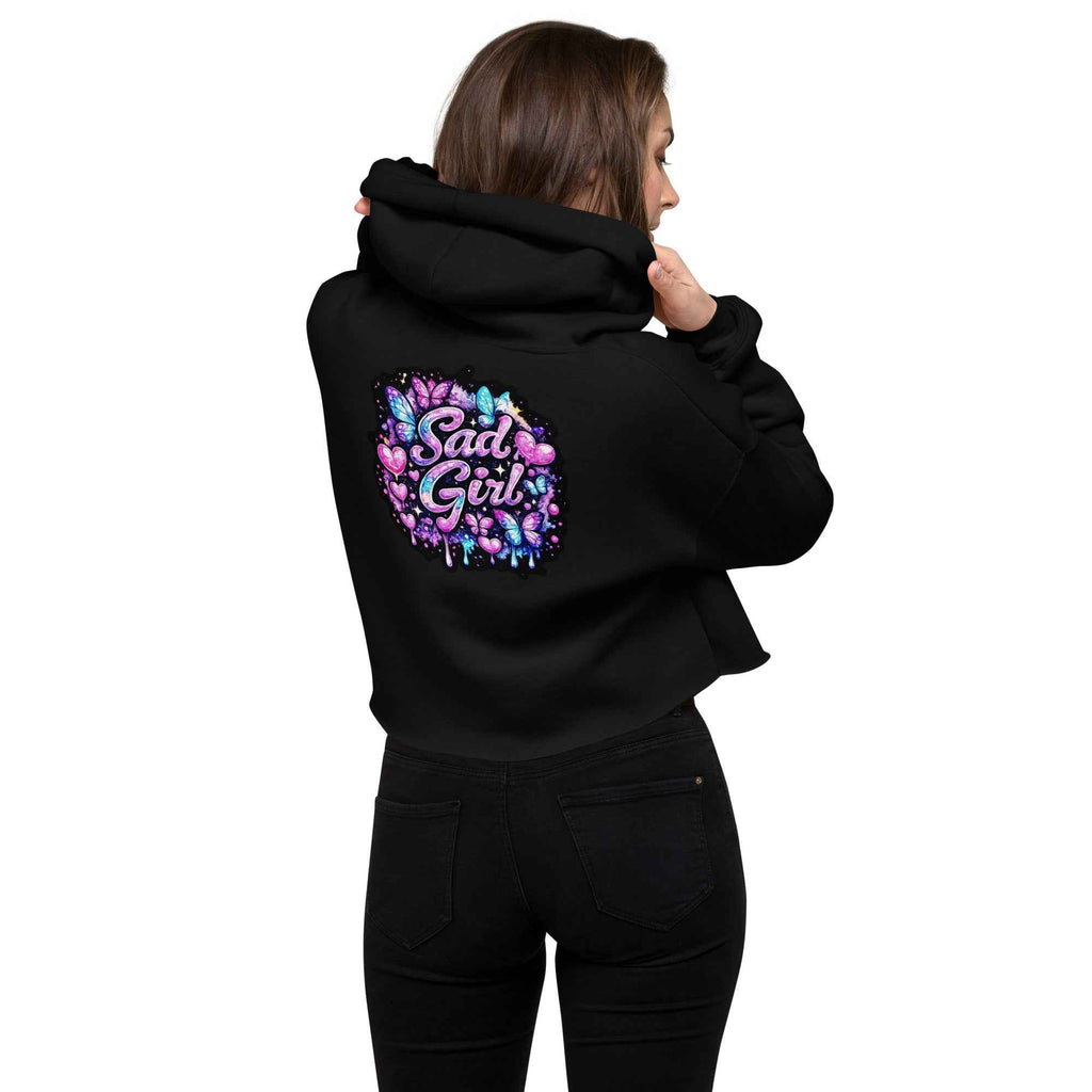 Black Sadgirl X Cosmic Pug crop hoodie for women, featuring a graphic design on the back. Made by Leaky ts.