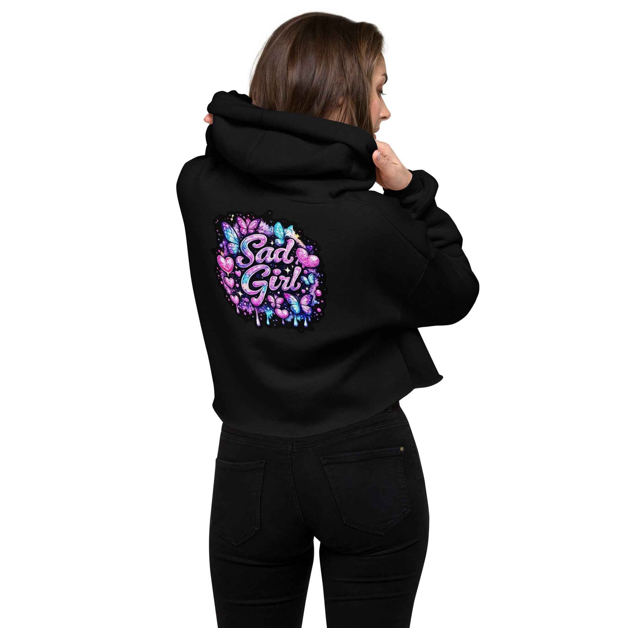 Black Sadgirl X Cosmic Pug crop hoodie for women, featuring a graphic design on the back. Made by Leaky ts.