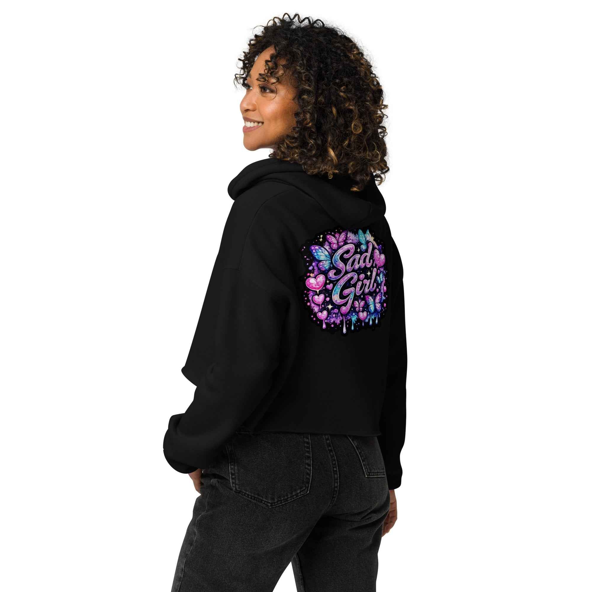 Black Sadgirl X Cosmic Pug crop hoodie for women, featuring a back view with cosmic pug graphic and Leaky ts branding.
