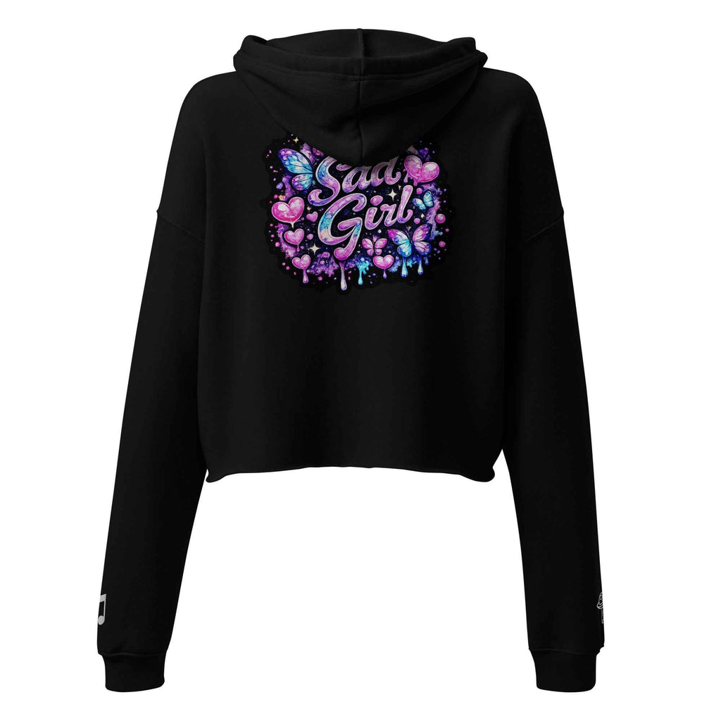 Black Sadgirl X Cosmic Pug crop hoodie for women, featuring a back view with cosmic pug graphic and relaxed fit.