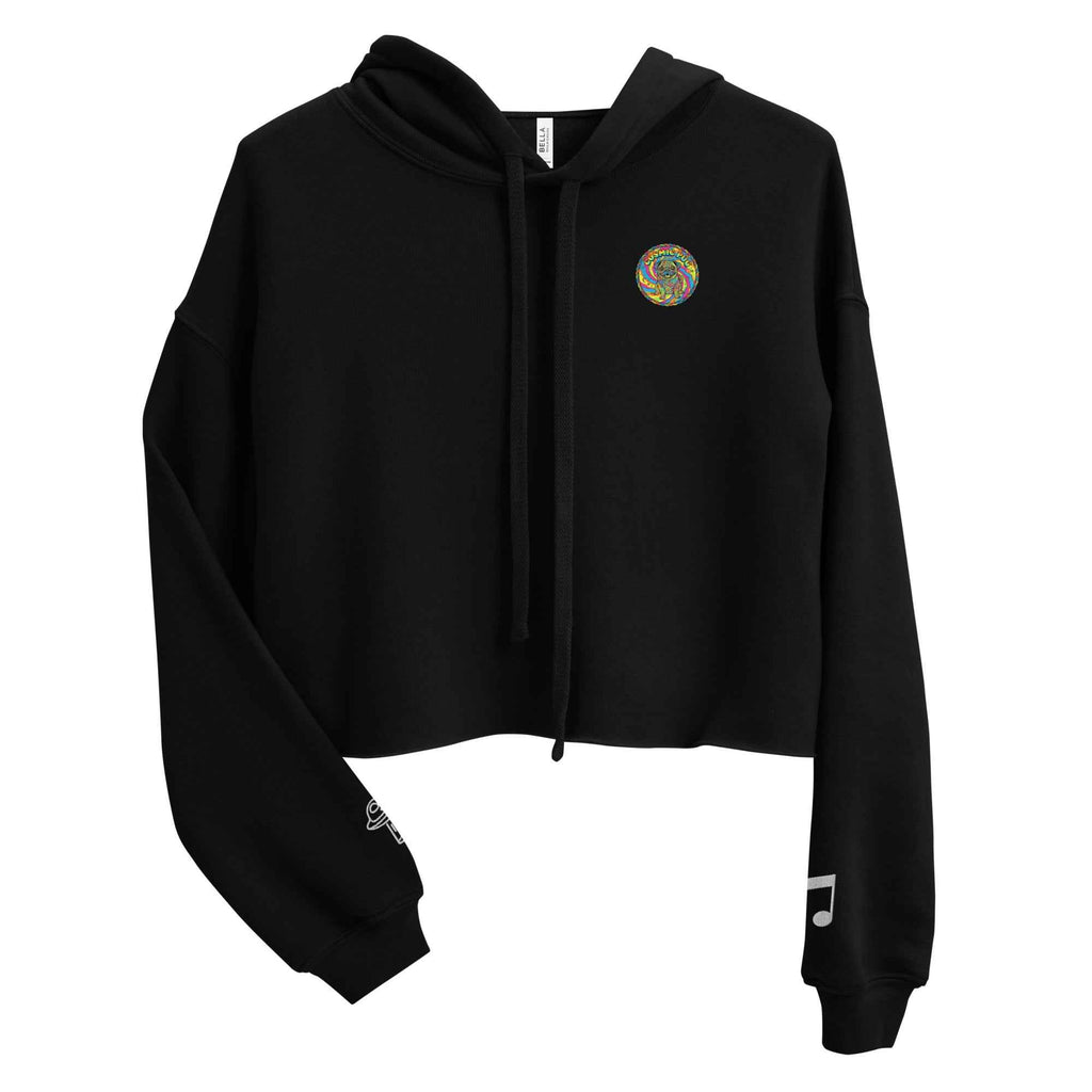 Black Sadgirl X Cosmic Pug crop hoodie for women, featuring a graphic design on the front.