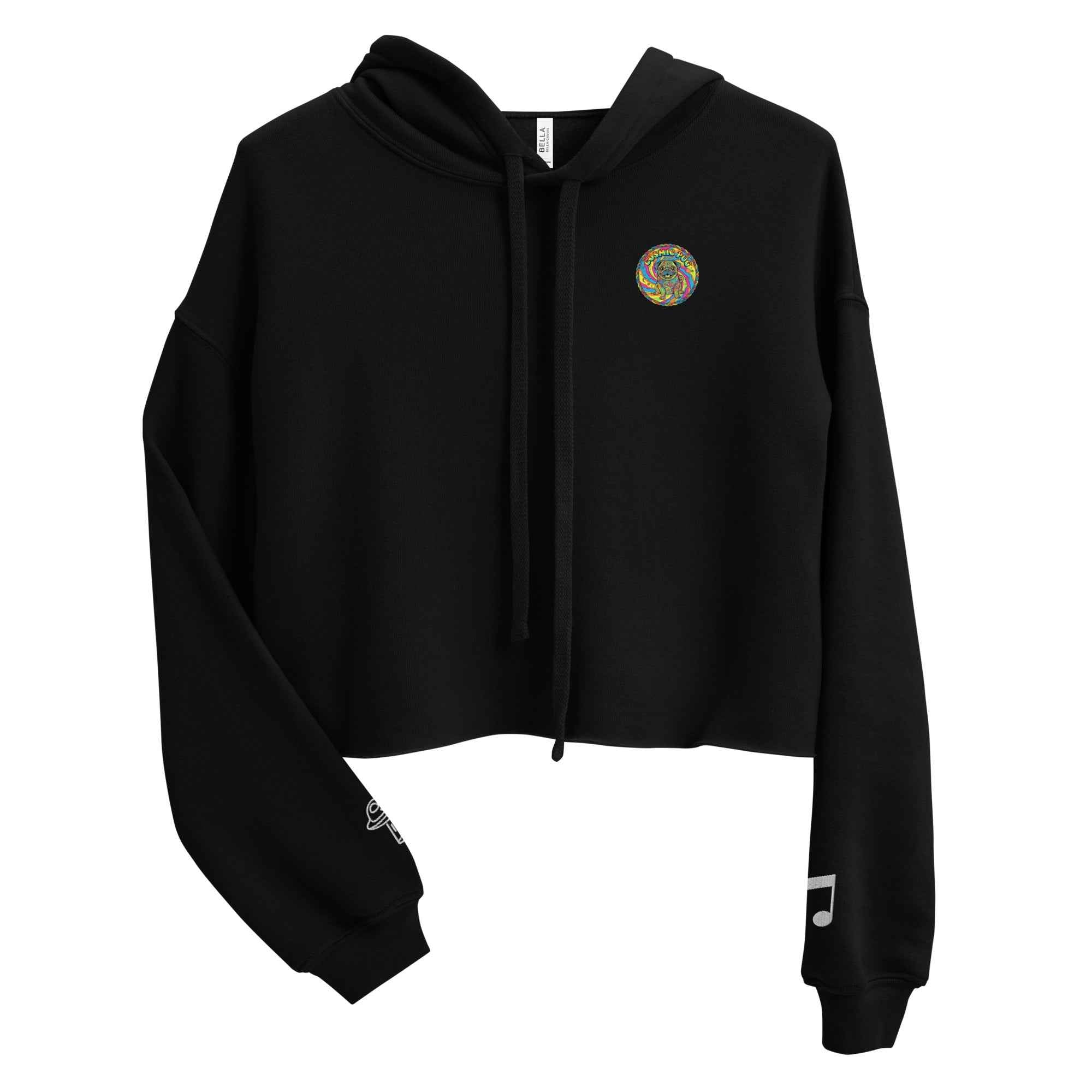 Black Sadgirl X Cosmic Pug crop hoodie for women, featuring a graphic design on the front.