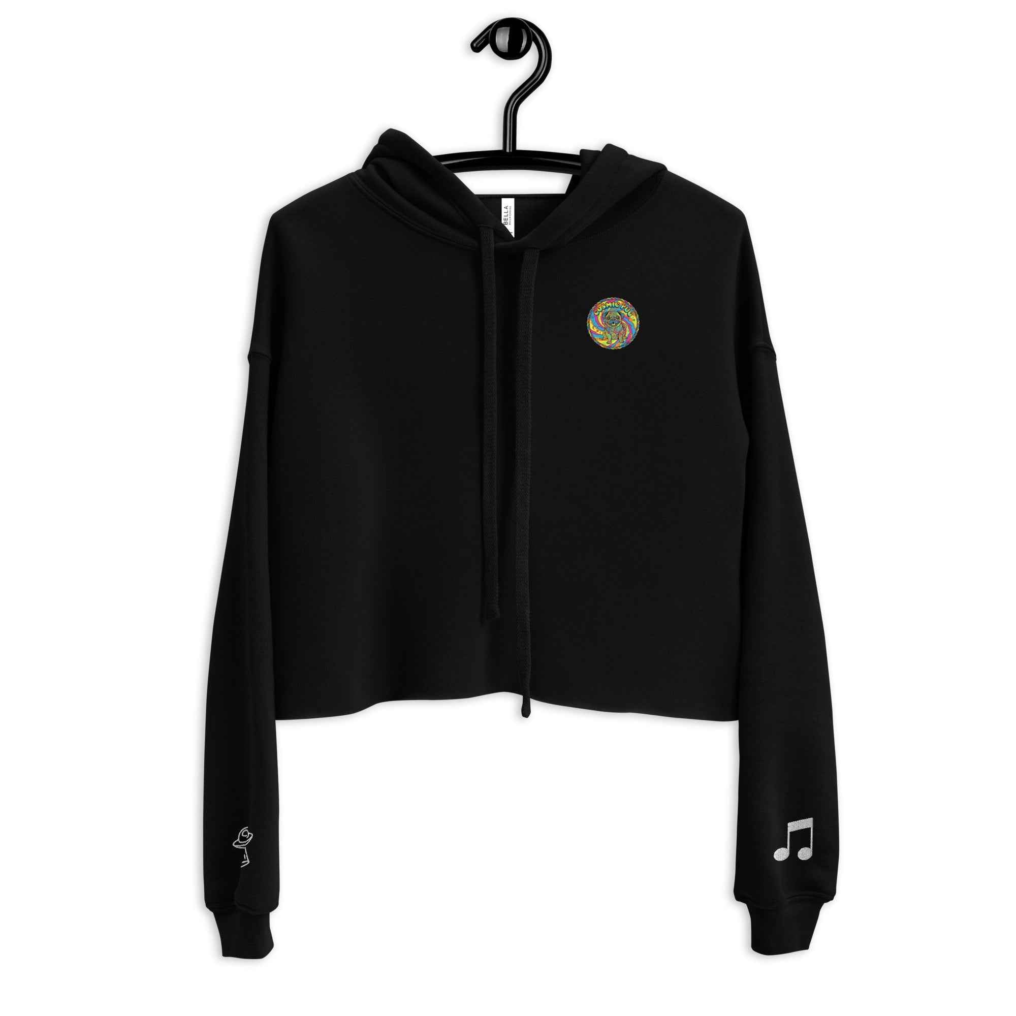 Black Sadgirl X Cosmic Pug crop hoodie for women, featuring a front graphic design, by Leaky TS.