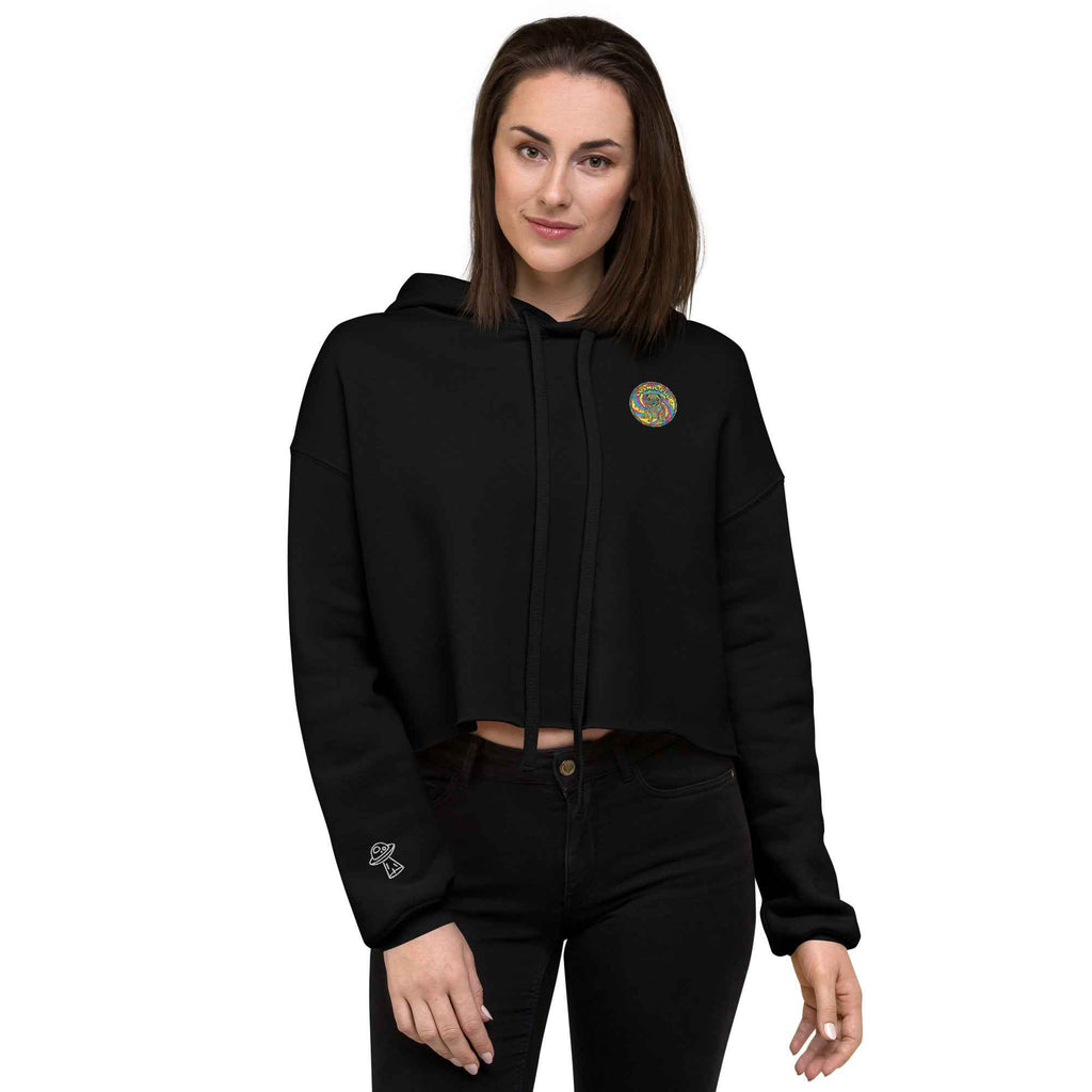 Black Sadgirl X Cosmic Pug crop hoodie for women, featuring a front graphic design, by Leaky ts.