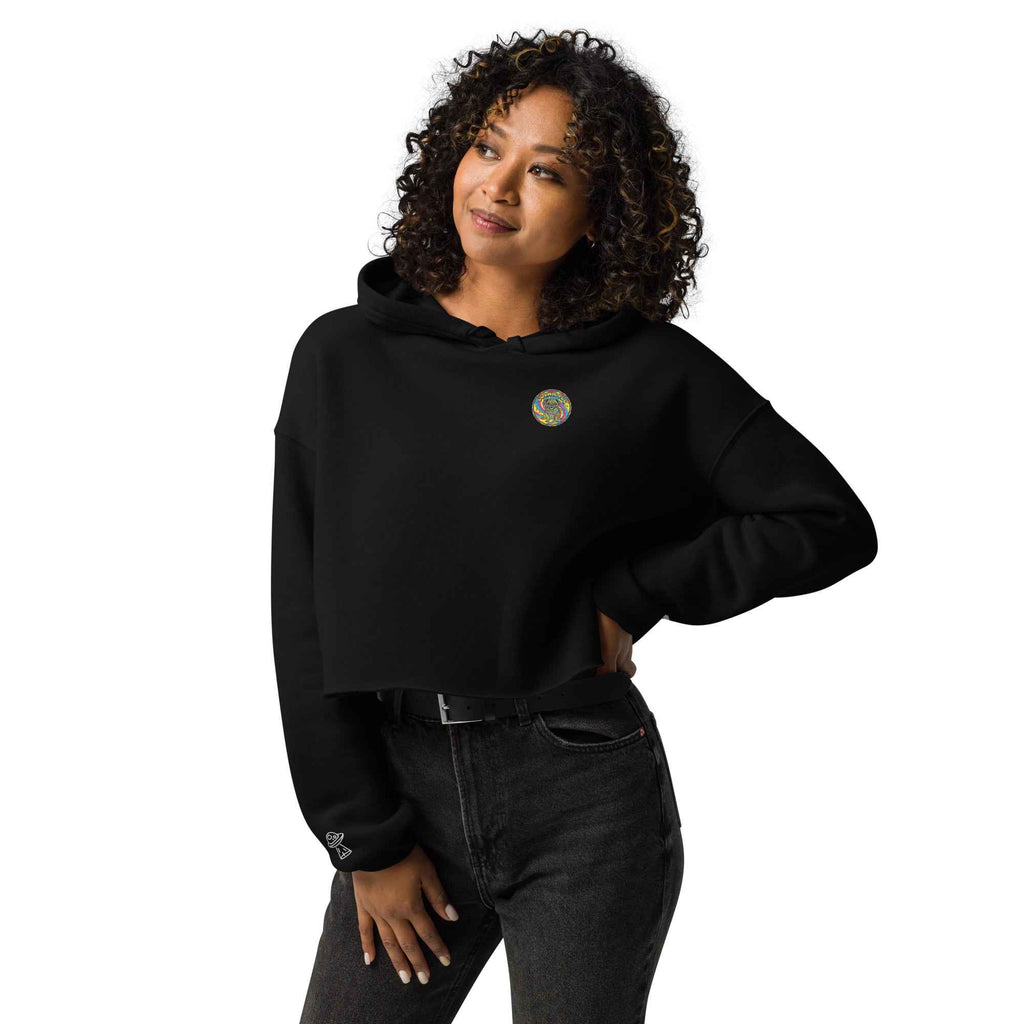 Black Sadgirl X Cosmic Pug crop hoodie for women by Leaky TS, front view showing graphic design and cropped fit.