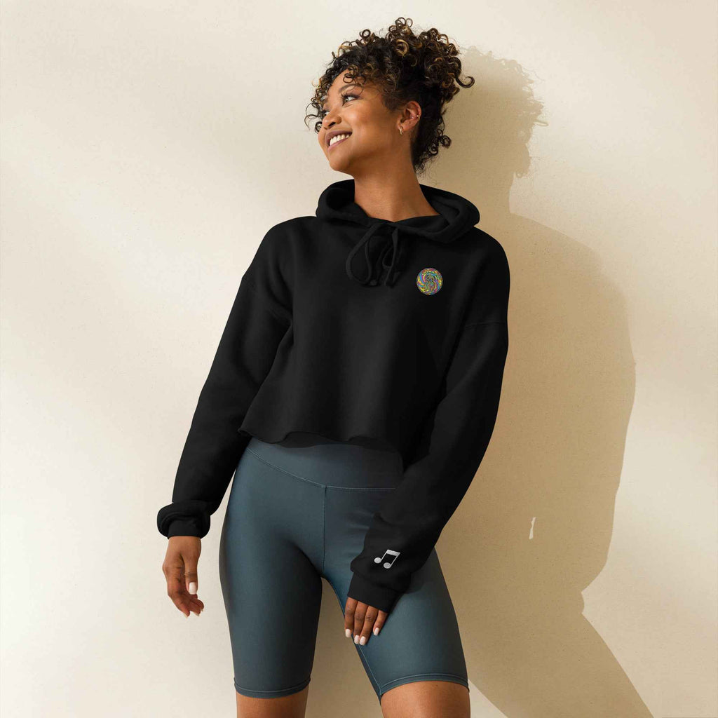 Black Sadgirl X Cosmic Pug crop hoodie for women, featuring a cosmic pug graphic on the front.