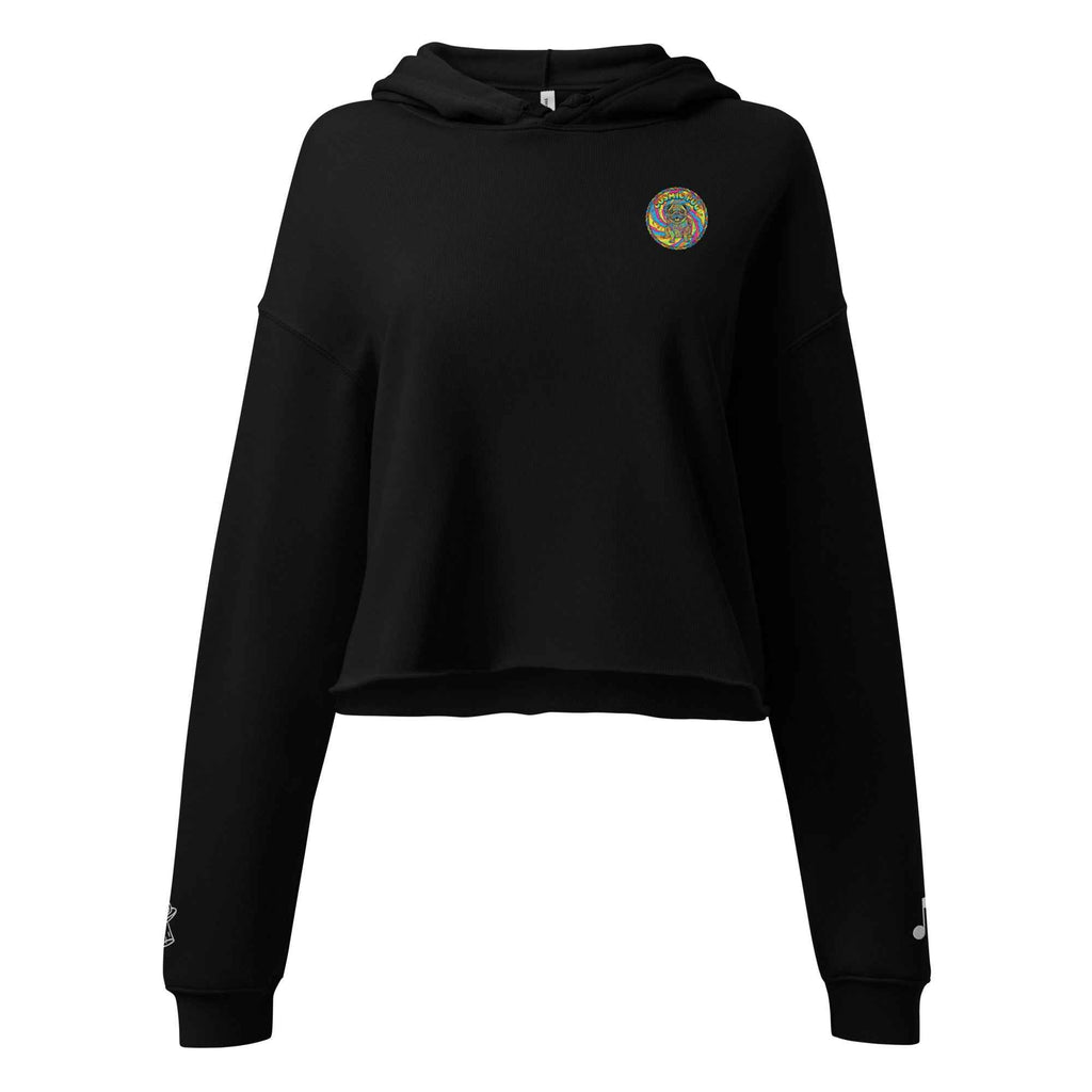 Black Sadgirl X Cosmic Pug crop hoodie for women by Leaky Ts, front view showcasing the graphic design and cropped fit.