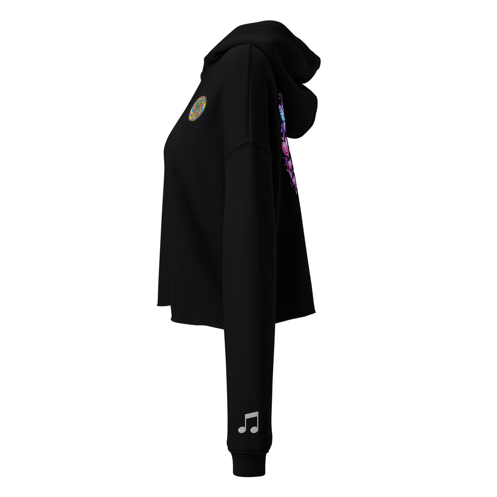 Black Sadgirl X cosmic pug crop hoodie for women, featuring a graphic design on the front, by Leaky Ts.