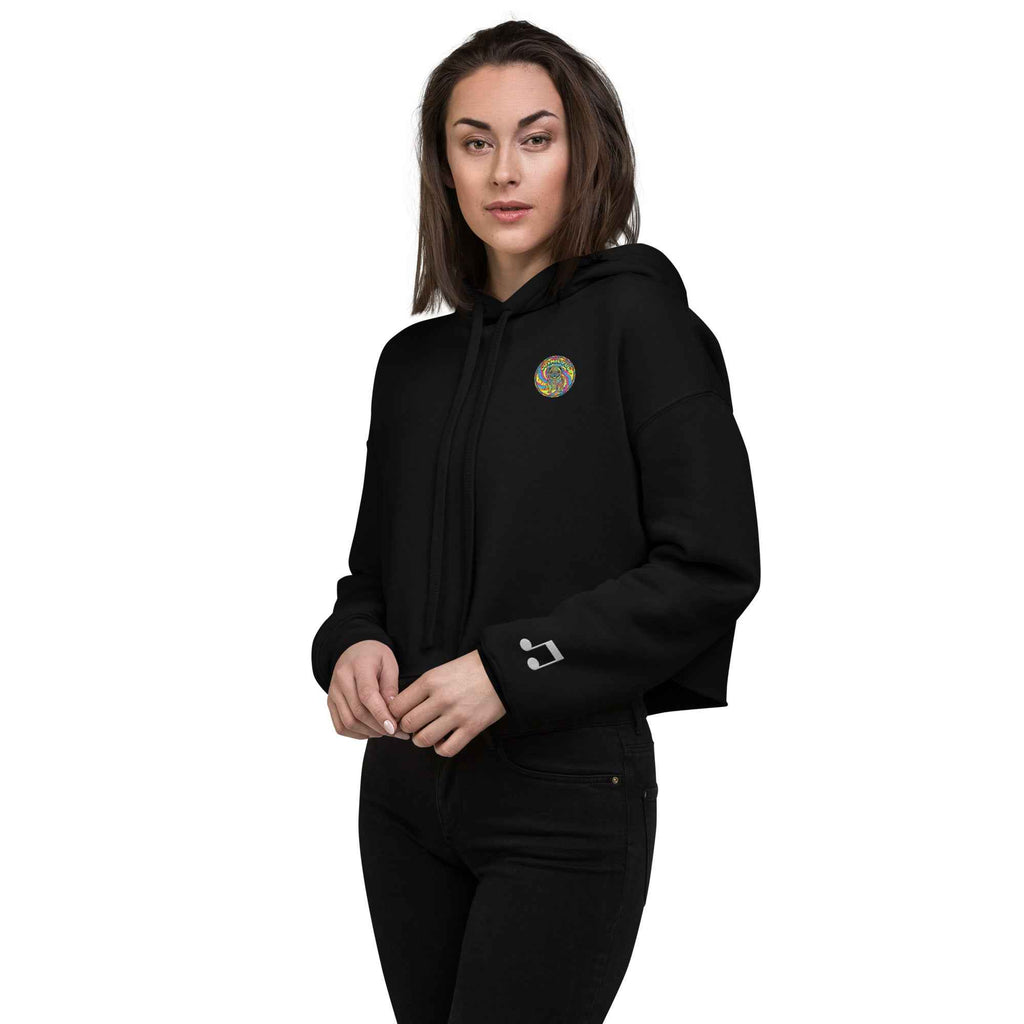 Black Sadgirl X Cosmic Pug crop hoodie for women, featuring a front view with cosmic pug graphic on the left chest.