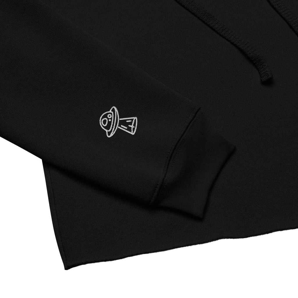 Black Sadgirl X cosmic pug crop hoodie for women by Leaky TS, featuring a cosmic pug design on the front.