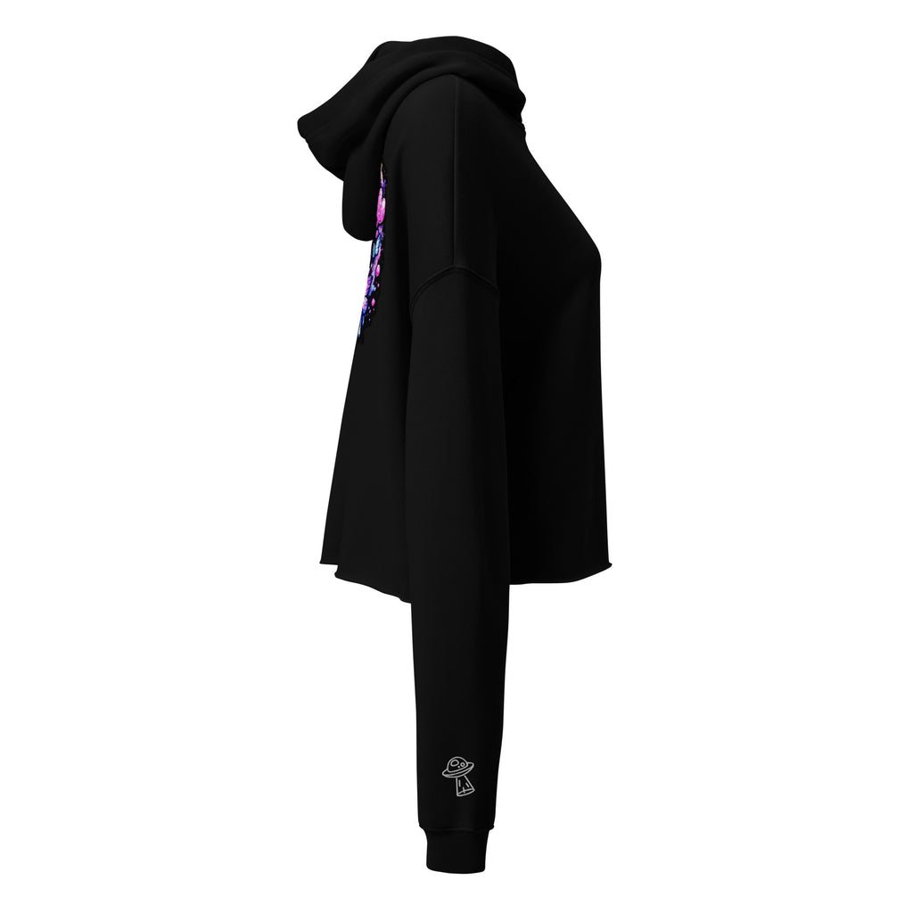 Black Sadgirl X Cosmic Pug crop hoodie for women, featuring a cosmic pug graphic on the front.