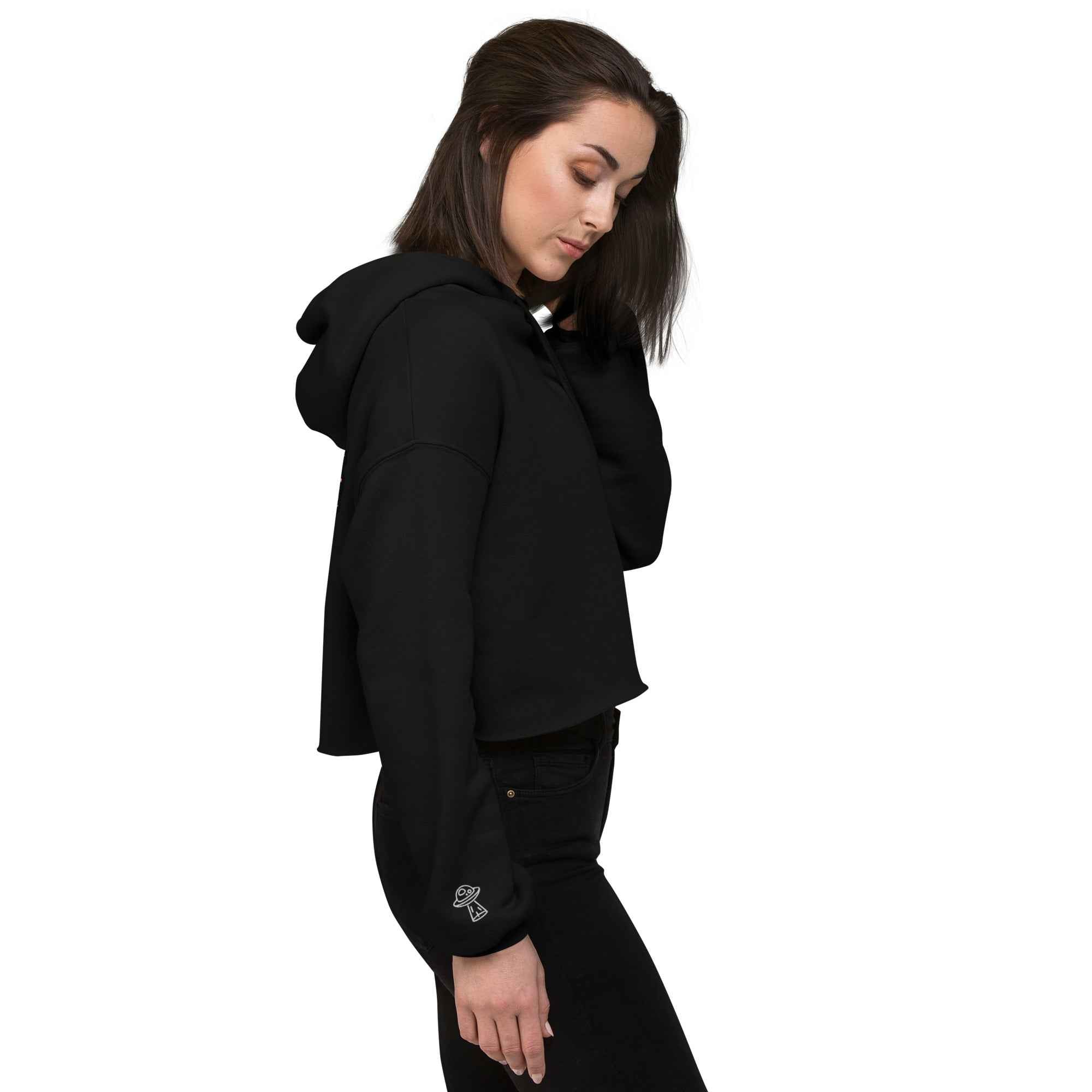 Black Sadgirl X Cosmic Pug crop hoodie for women, featuring a right-front view with cosmic pug graphic by Leaky TS.