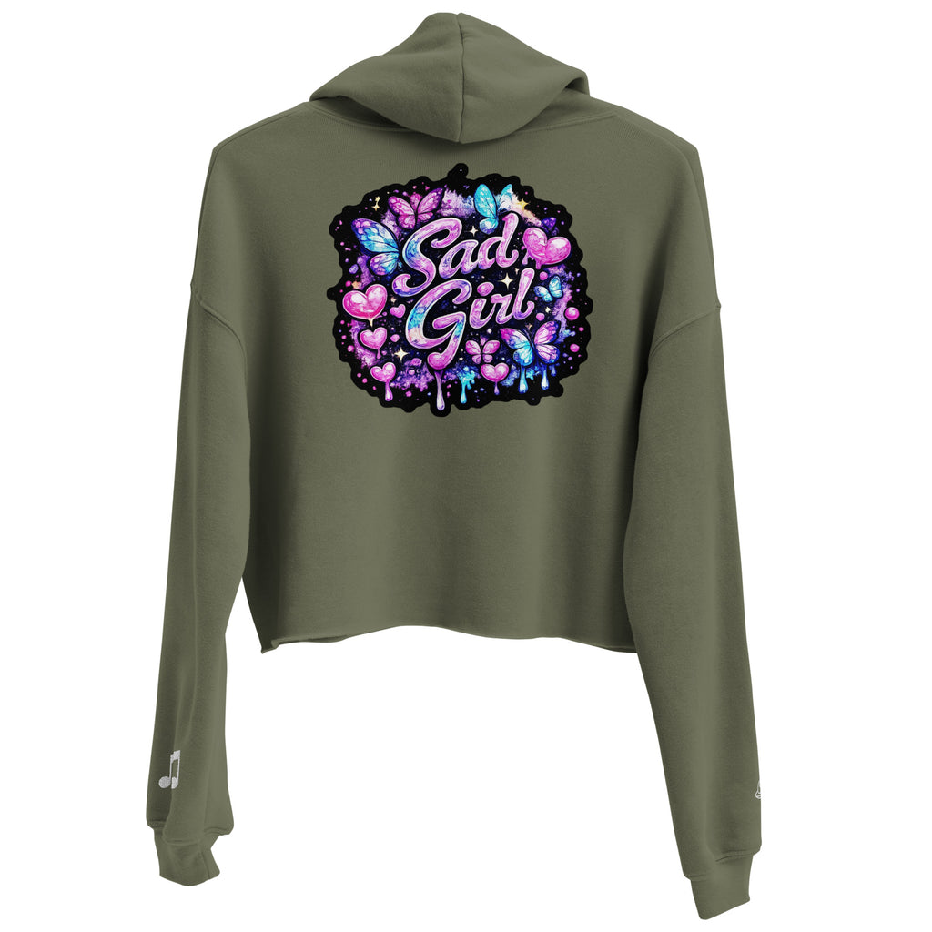 Leaky TS Sadgirl X Cosmic Pug crop hoodie for women in military green, shown from the back with graphic design.