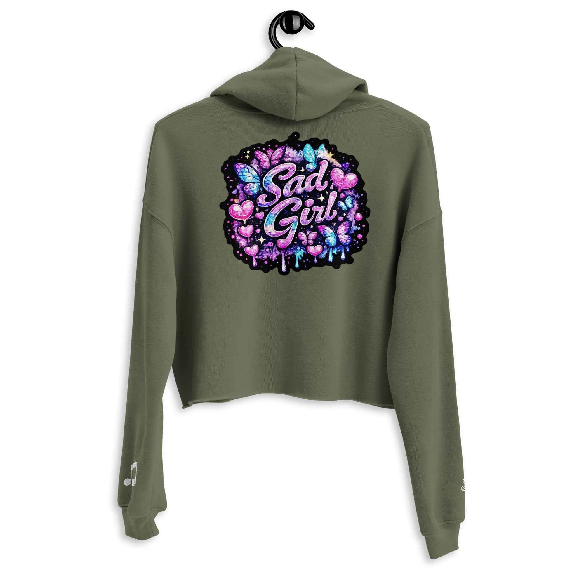Leaky TS Sadgirl X Cosmic Pug crop hoodie in military green, featuring a back view with graphic design and comfortable fit.