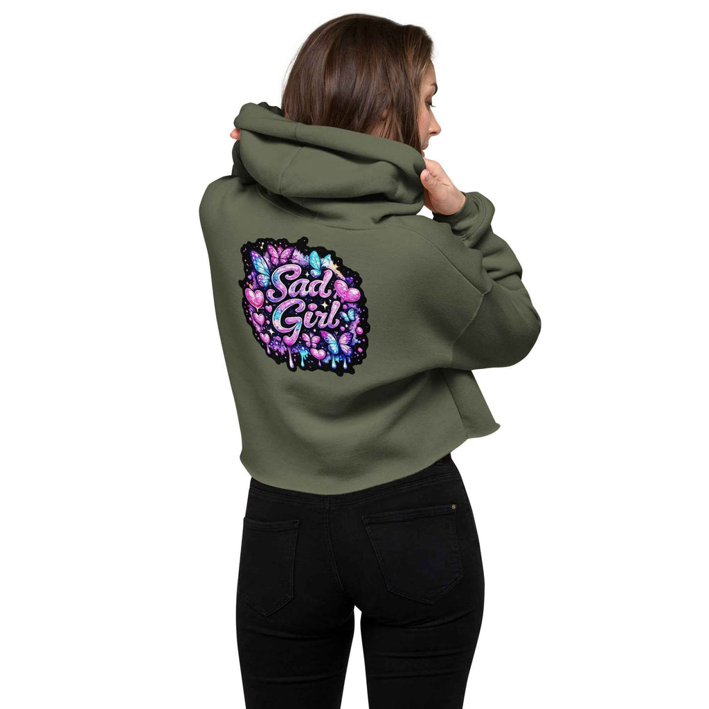 Leaky ts Sadgirl X cosmic pug crop hoodie for women in military green, featuring a back view with cosmic pug graphic.