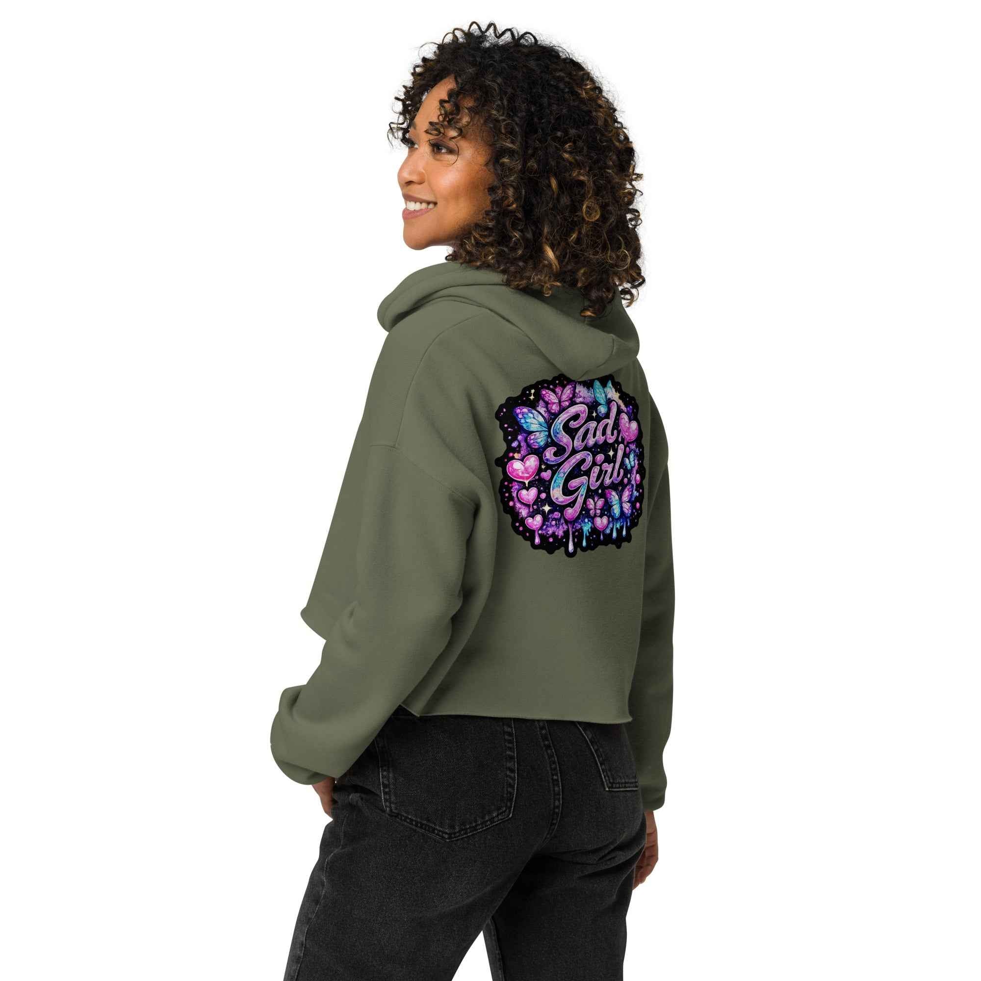Women's military green crop hoodie featuring a cosmic pug design from Sadgirl X Leaky ts, shown from the back.