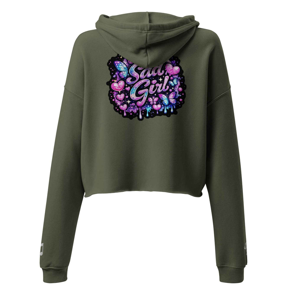 Leaky TS Sadgirl X Cosmic Pug crop hoodie for women in military green, showing the back view with graphic design.