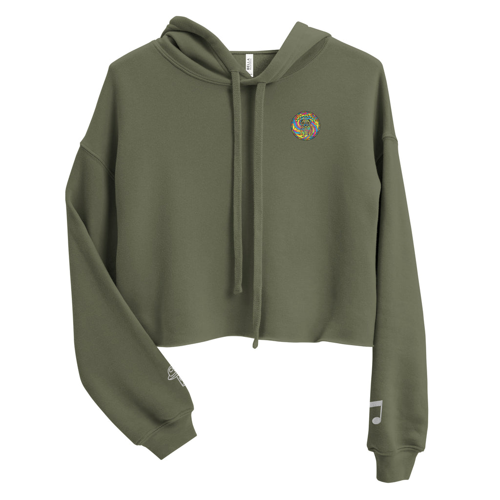 Leaky ts Sadgirl X cosmic pug crop hoodie for women in military green, featuring a front design on a stylish cropped hoodie.