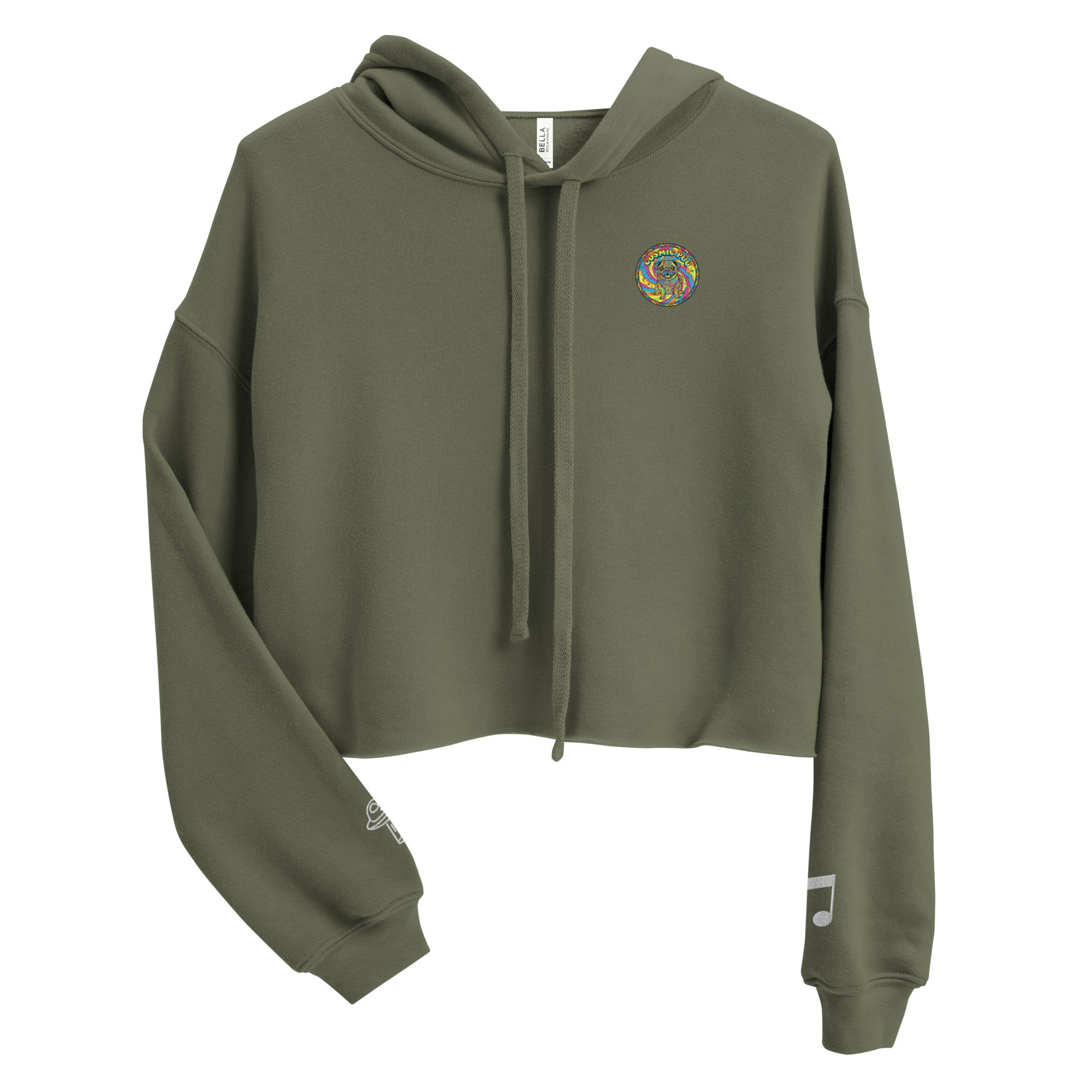 Leaky ts Sadgirl X cosmic pug crop hoodie for women in military green, featuring a front design on a stylish cropped hoodie.