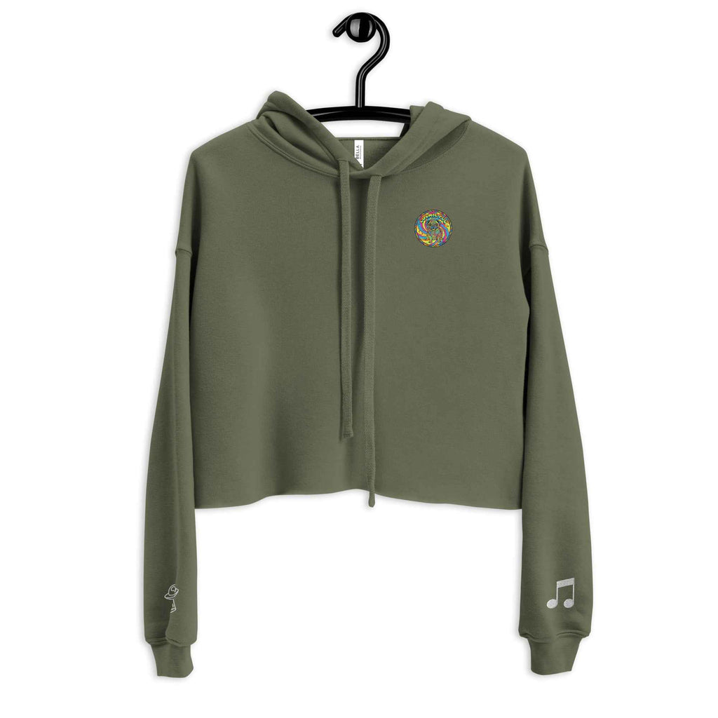 Leaky TS Sadgirl X Cosmic Pug crop hoodie for women in military green, front view with graphic design on the chest.