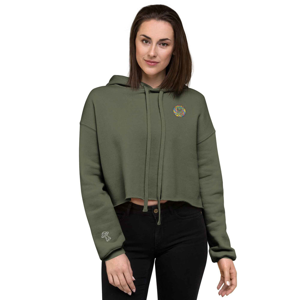 Leaky Ts Sadgirl X cosmic pug crop hoodie for women in military green, featuring a front graphic design.